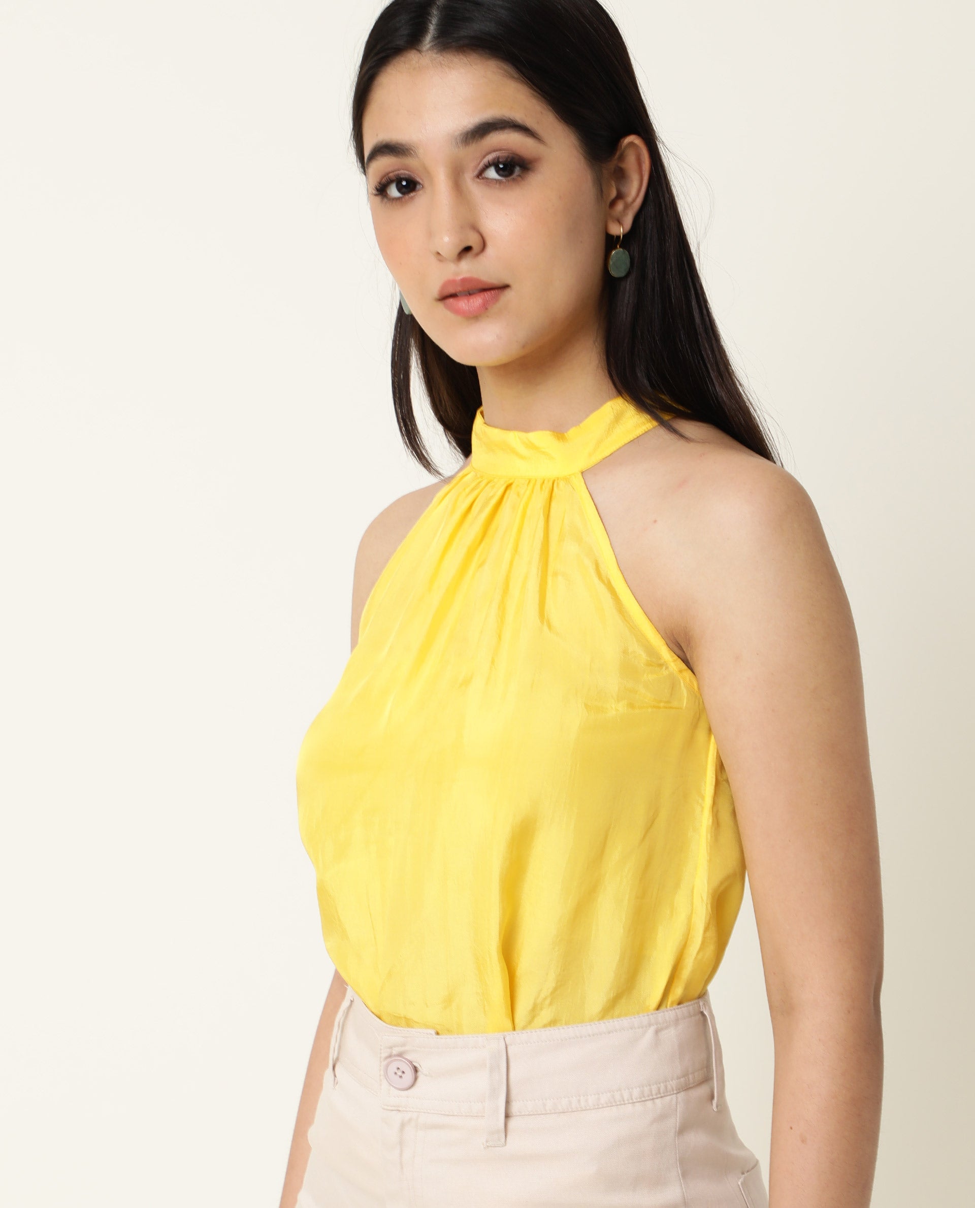 Rareism Women Sahano Yellow Poly Viscose Fabric Slim Fit Halter Neck Sleeveless Solid Top