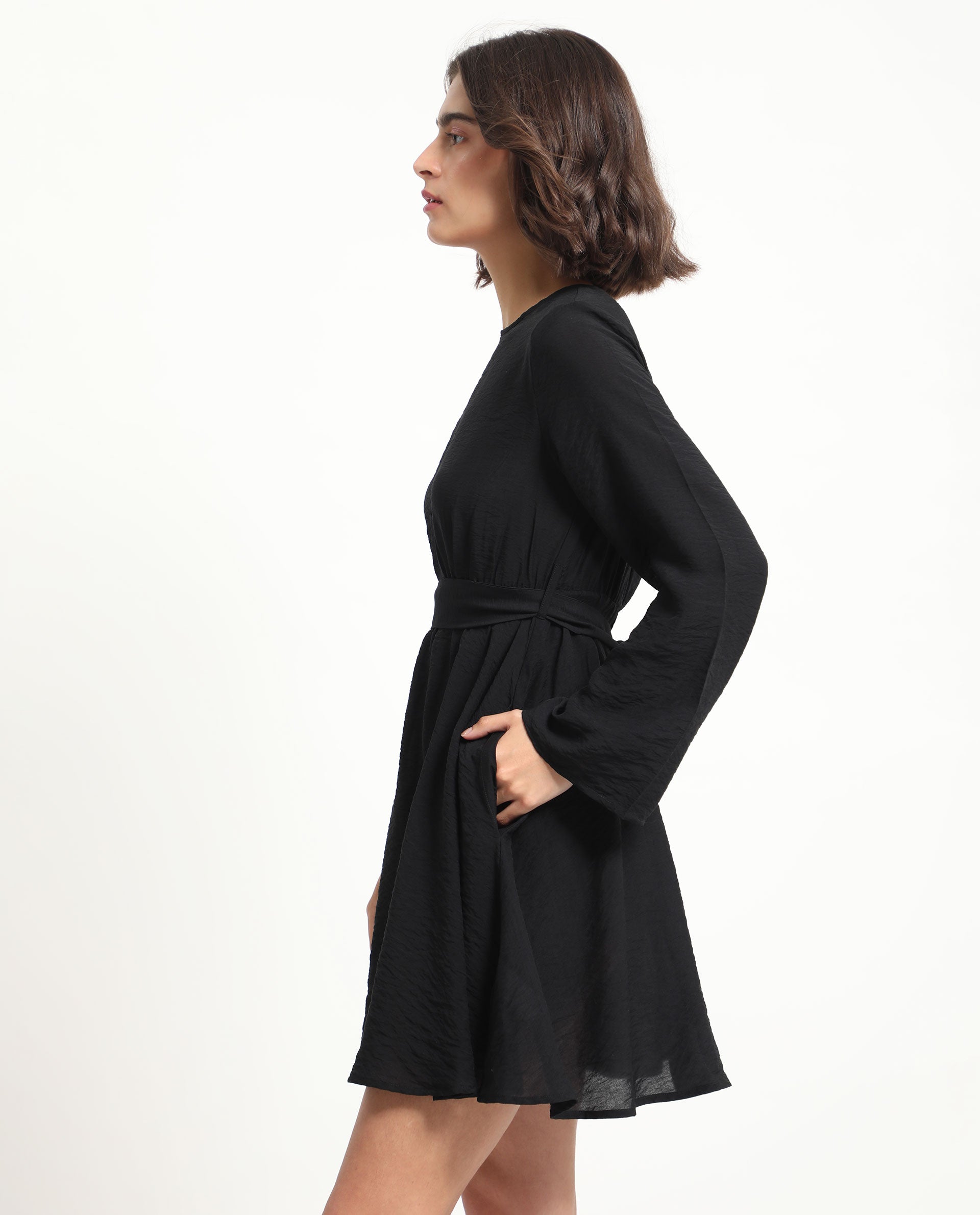 Rareism Women's Sahar Black Viscose Blend Crew Neck Plain Raglan Sleeve Knee Length Fit And Flare Dress