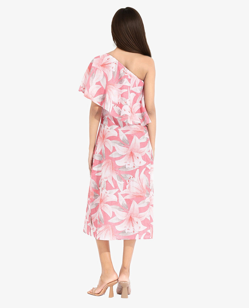 Rareism Women Sailor Pink One Shoulder One Shoulder Fit And Flare Floral Print Midi Dress