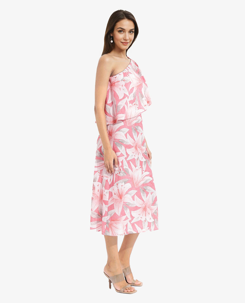 Rareism Women Sailor Pink One Shoulder One Shoulder Fit And Flare Floral Print Midi Dress