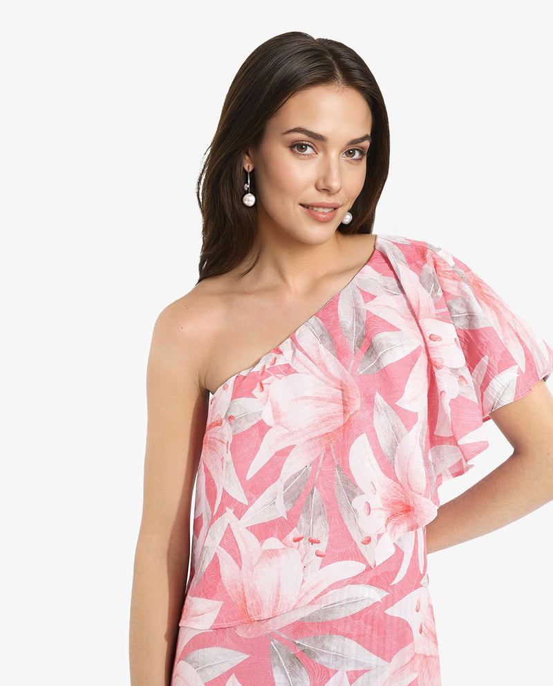 Rareism Women Sailor Pink One Shoulder One Shoulder Fit And Flare Floral Print Midi Dress