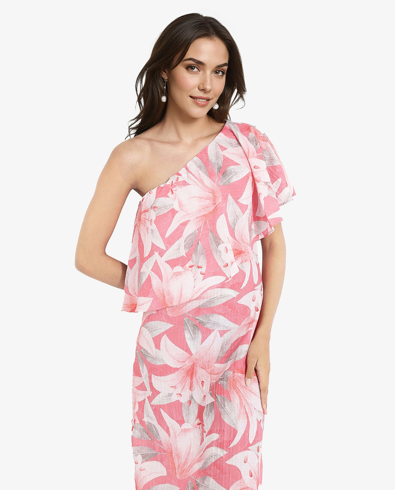 Rareism Women Sailor Pink One Shoulder One Shoulder Fit And Flare Floral Print Midi Dress