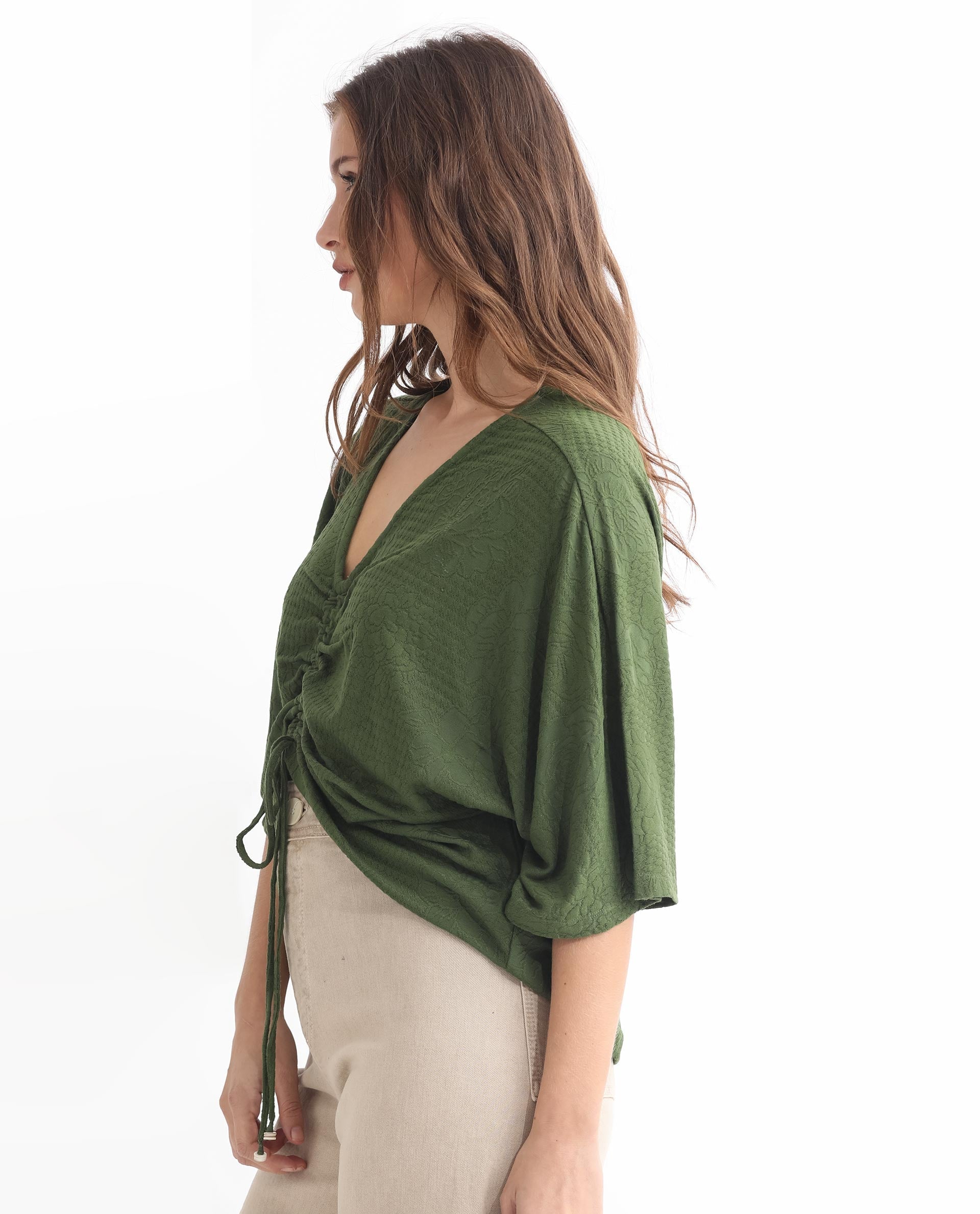 Rareism Women Saim Green Polyester Fabric Relaxed Fit V-Neck Half Sleeves Floral Print Top