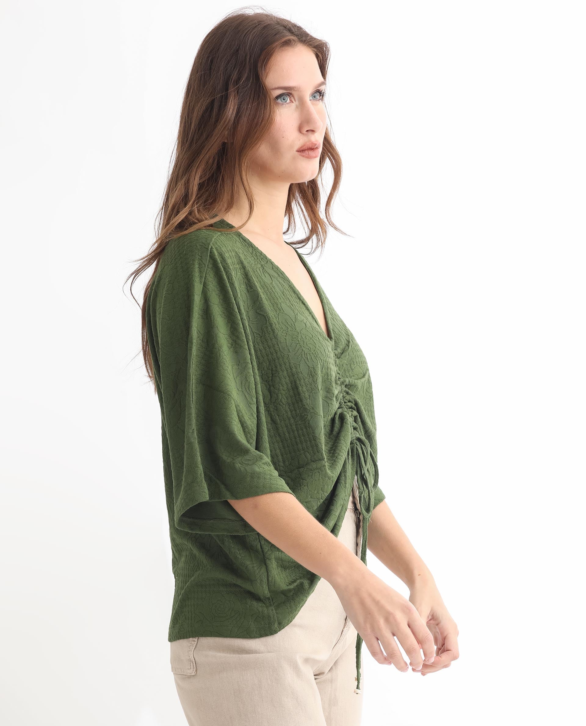 Rareism Women Saim Green Polyester Fabric Relaxed Fit V-Neck Half Sleeves Floral Print Top