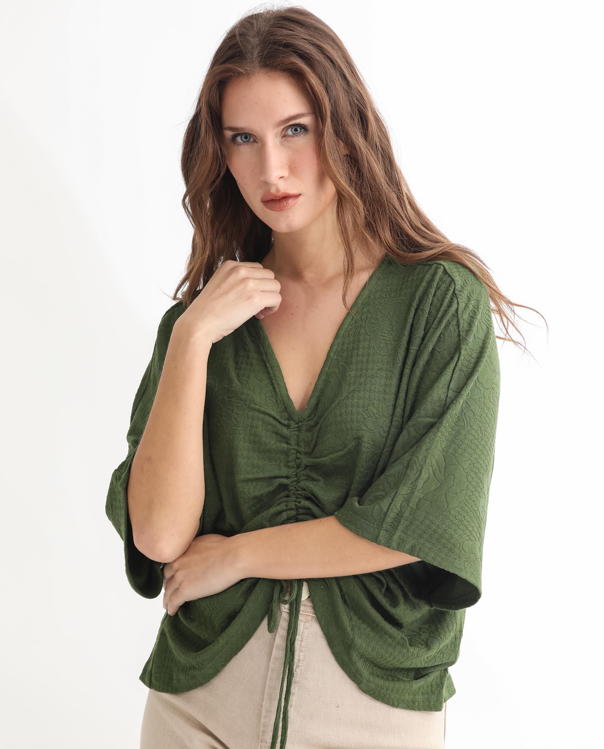 Rareism Women Saim Green Polyester Fabric Relaxed Fit V-Neck Half Sleeves Floral Print Top