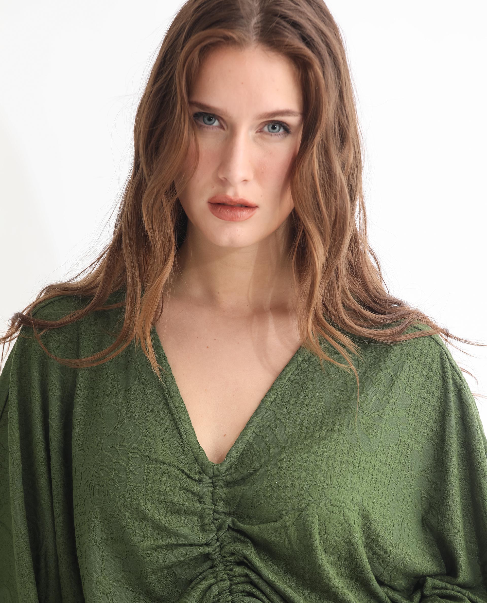 Rareism Women Saim Green Polyester Fabric Relaxed Fit V-Neck Half Sleeves Floral Print Top