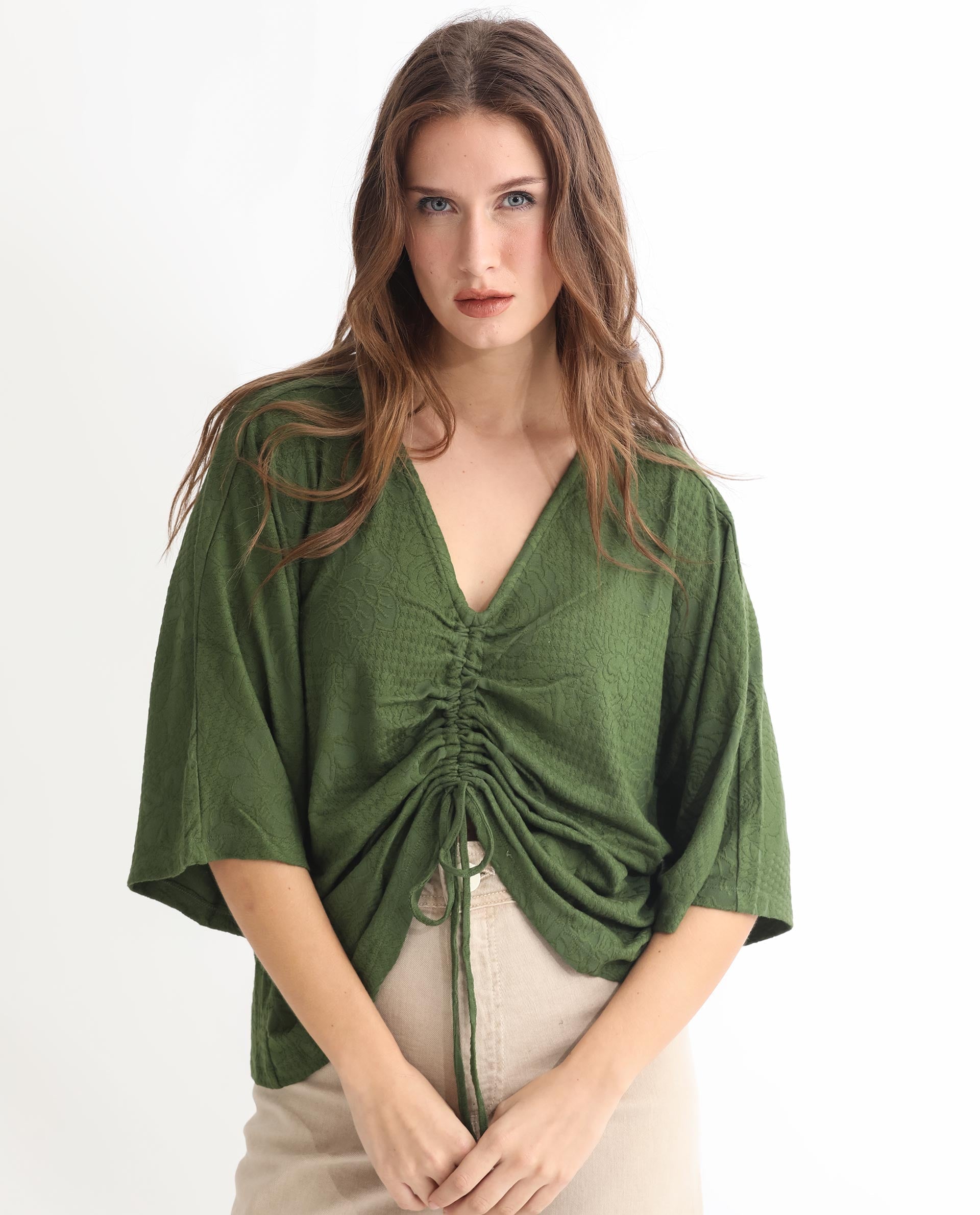 Rareism Women Saim Green Polyester Fabric Relaxed Fit V-Neck Half Sleeves Floral Print Top