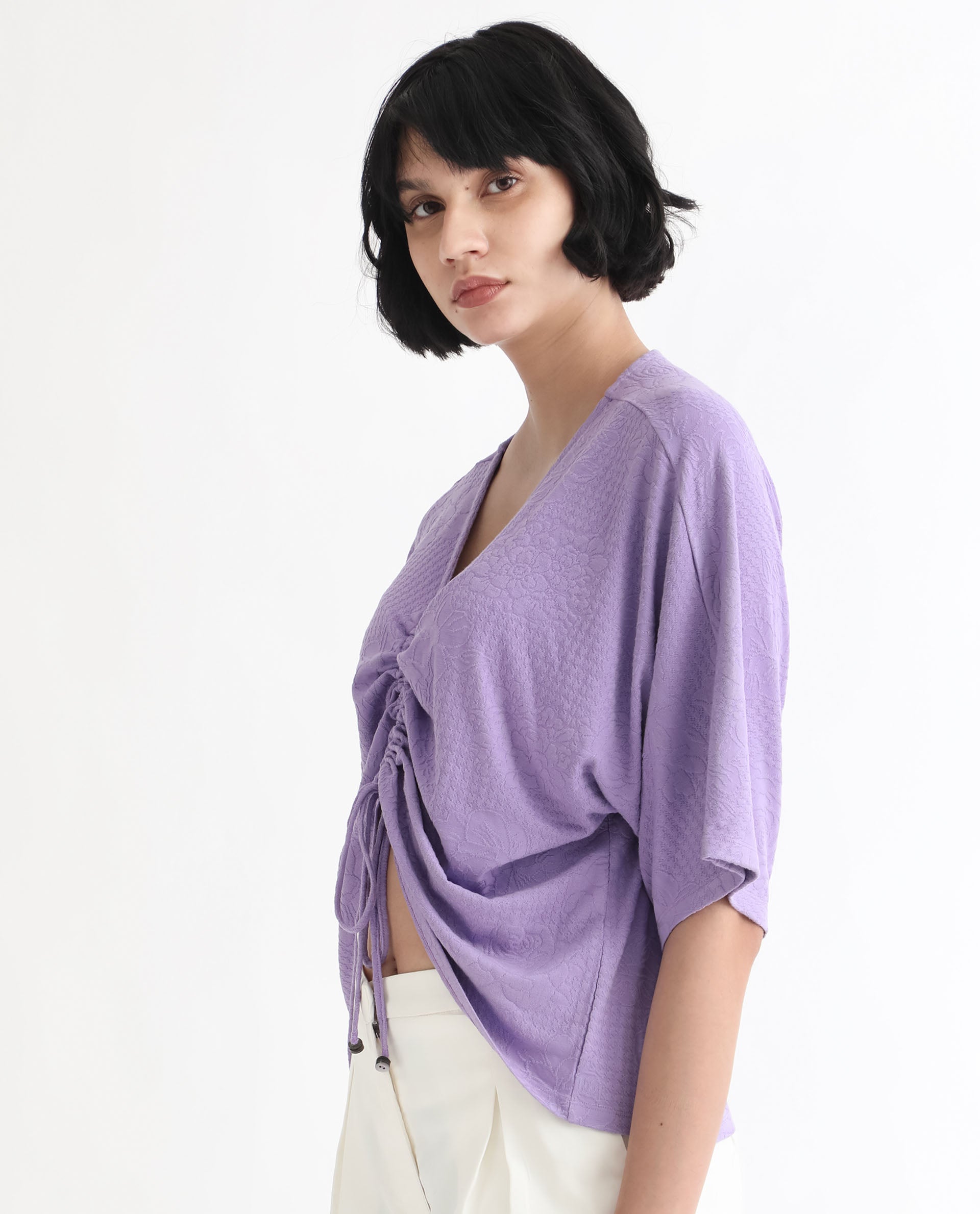 Rareism Women Saim Purple Polyester Fabric Relaxed Fit V-Neck Half Sleeves Floral Print Top