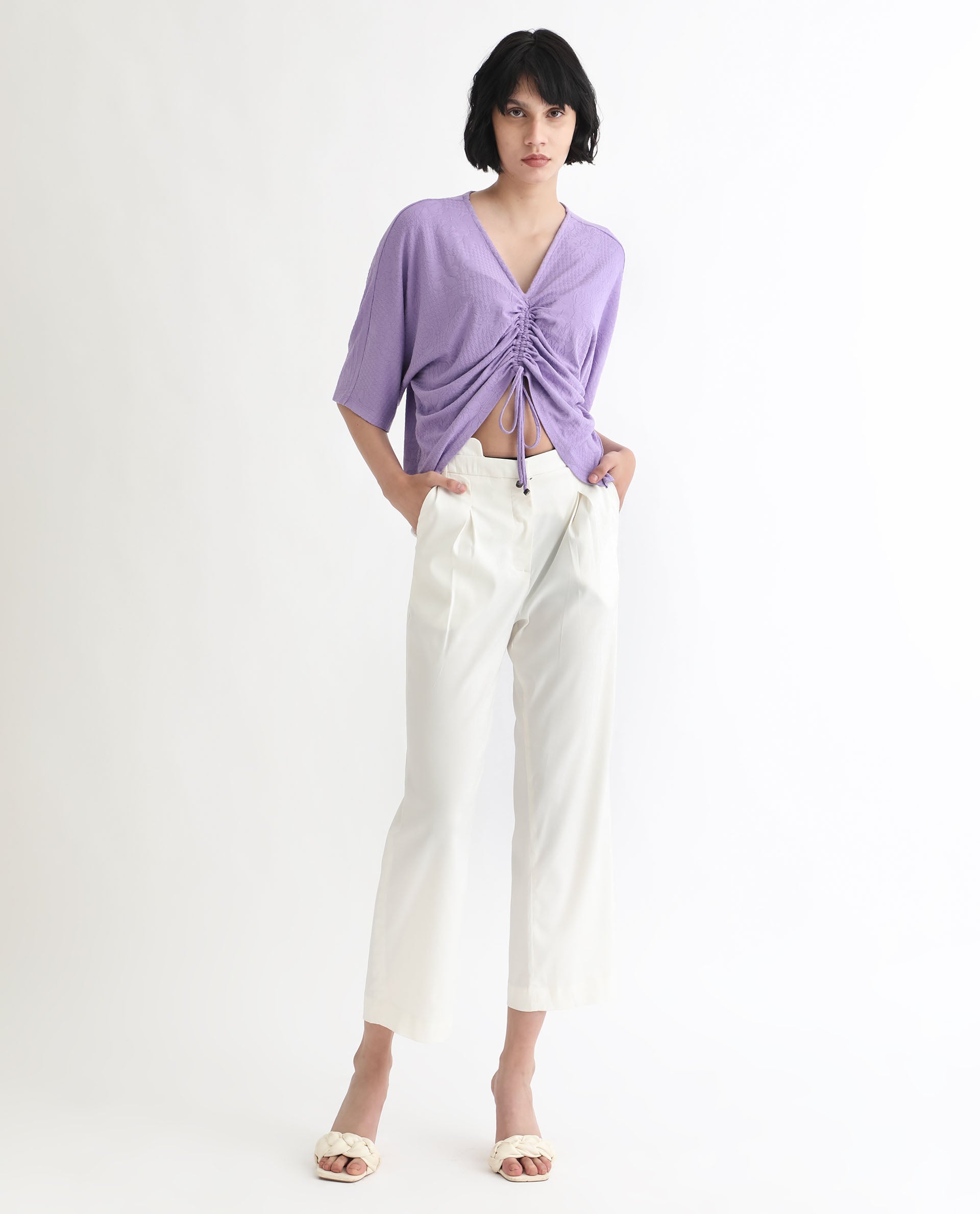 Rareism Women Saim Purple Polyester Fabric Relaxed Fit V-Neck Half Sleeves Floral Print Top