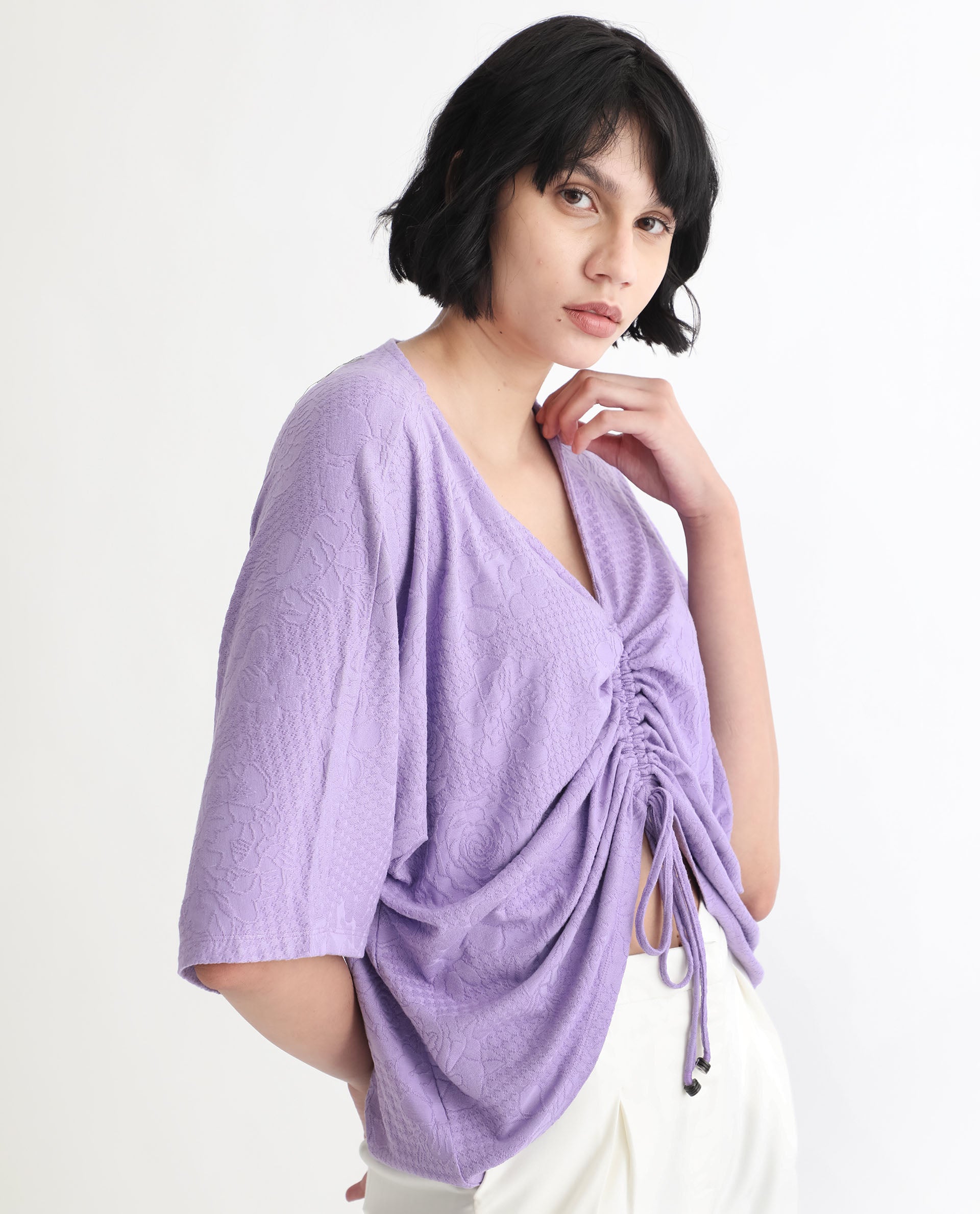 Rareism Women Saim Purple Polyester Fabric Relaxed Fit V-Neck Half Sleeves Floral Print Top