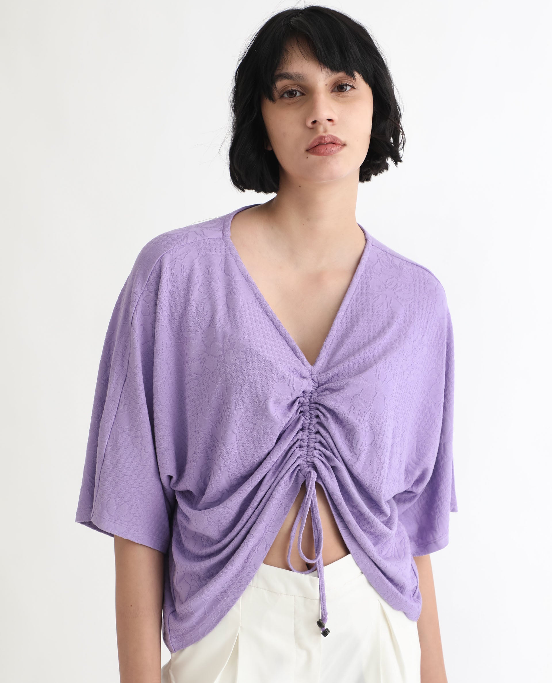 Rareism Women Saim Purple Polyester Fabric Relaxed Fit V-Neck Half Sleeves Floral Print Top