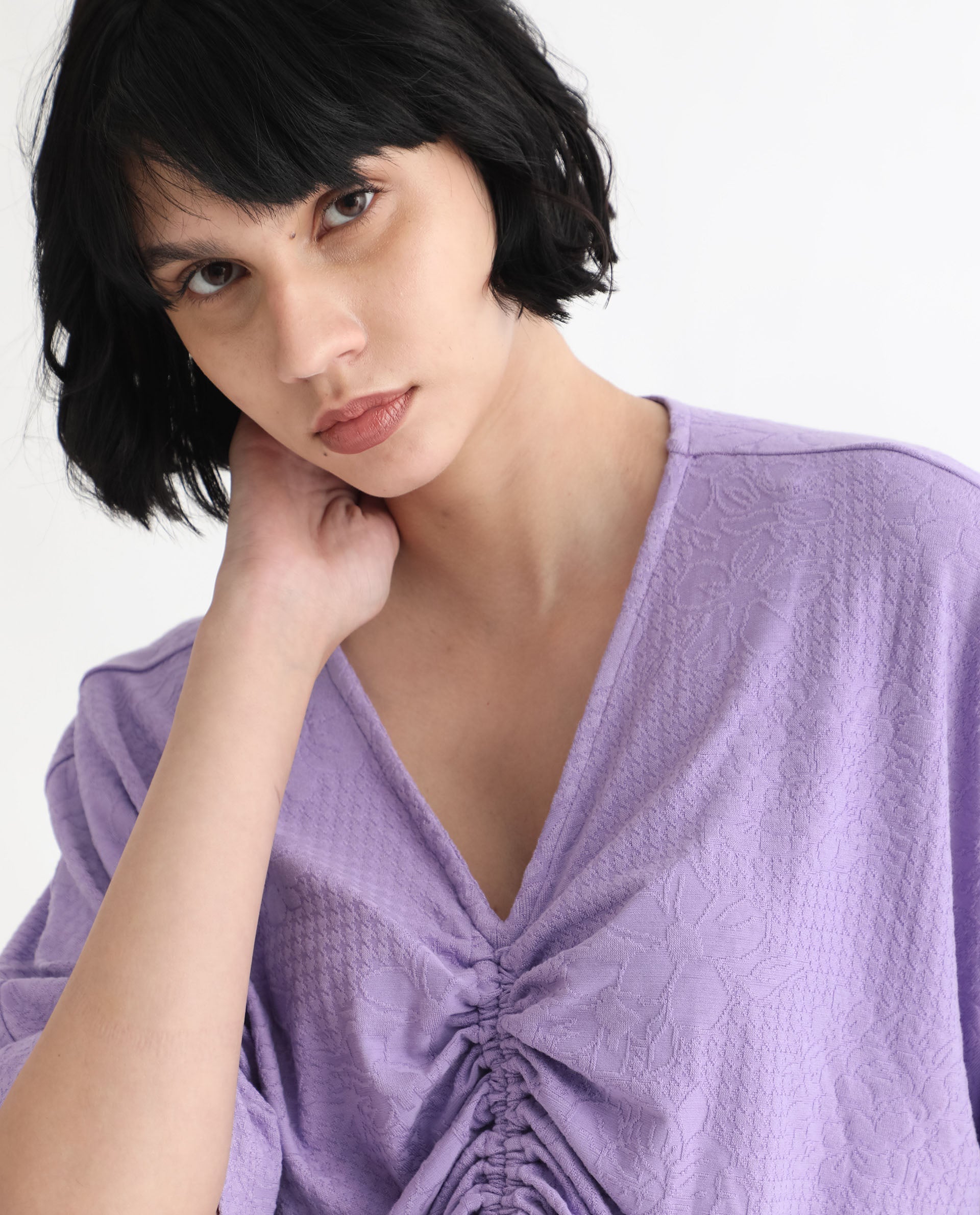 Rareism Women Saim Purple Polyester Fabric Relaxed Fit V-Neck Half Sleeves Floral Print Top