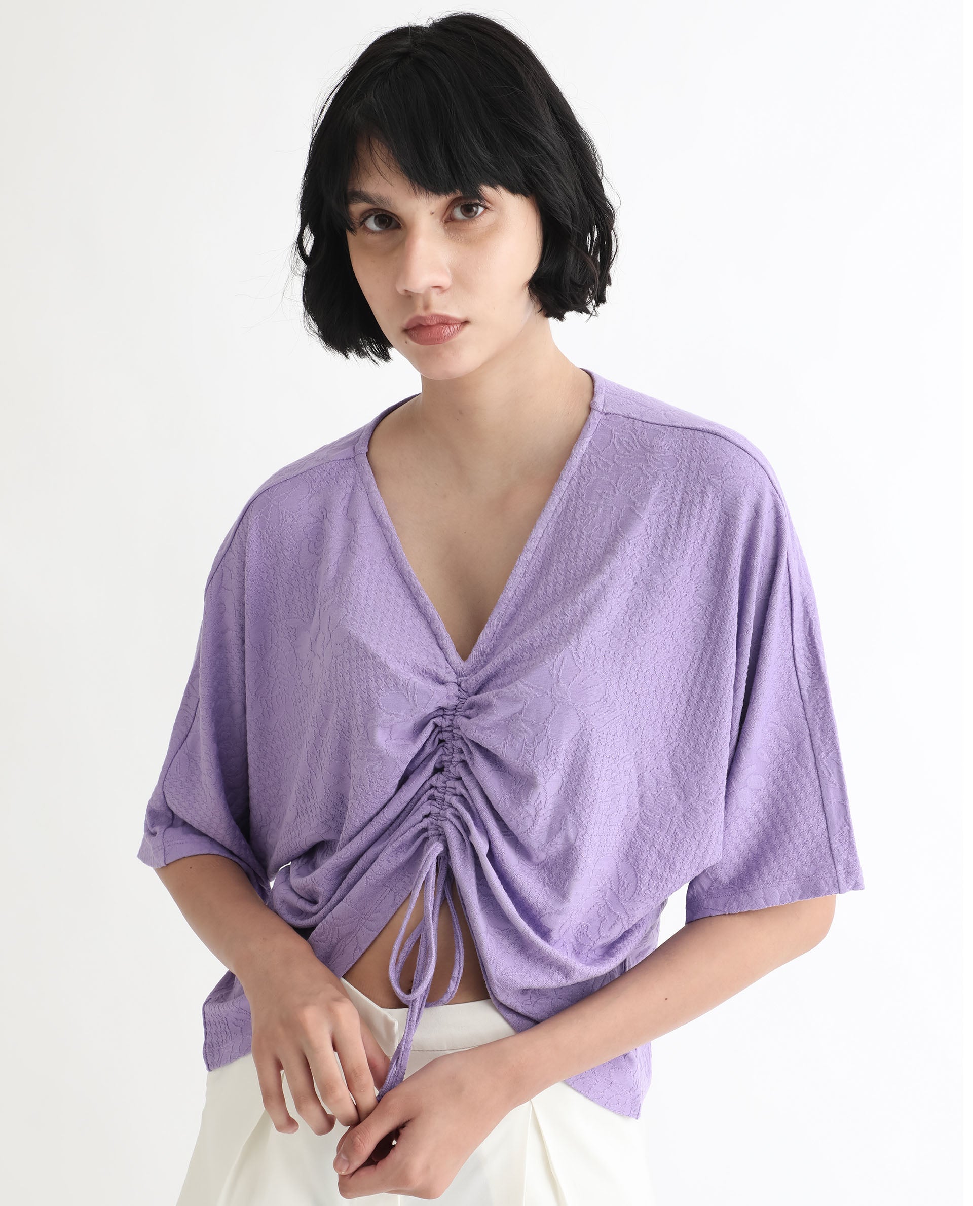 Rareism Women Saim Purple Polyester Fabric Relaxed Fit V-Neck Half Sleeves Floral Print Top