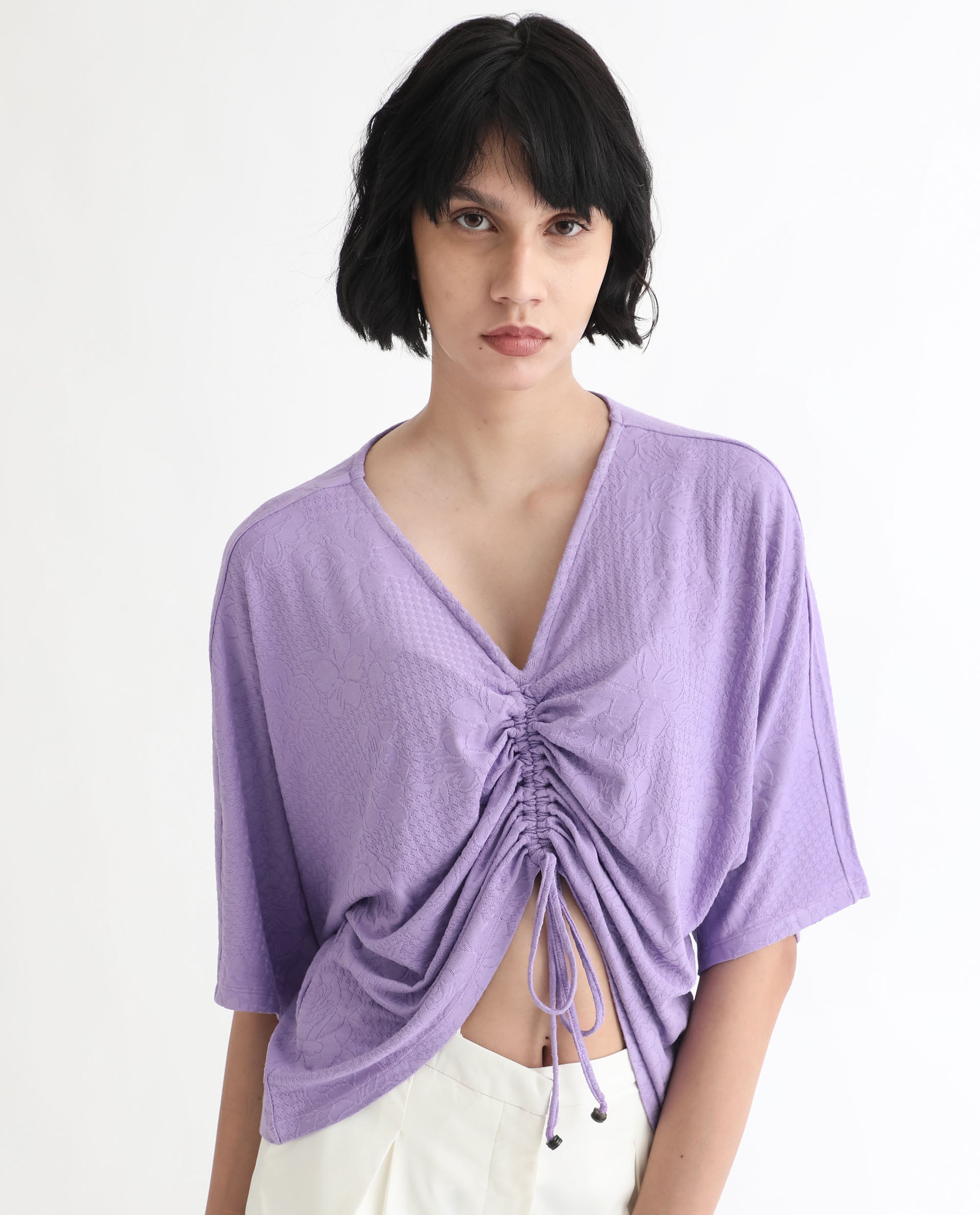 Rareism Women Saim Purple Polyester Fabric Relaxed Fit V-Neck Half Sleeves Floral Print Top