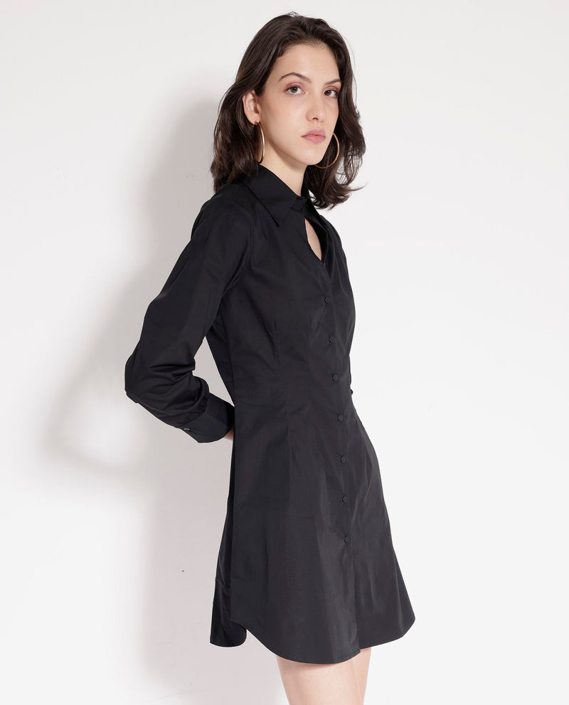 Rareism Women's Sakal Black Roll-Up Sleeve Collared Button A-Line Plain Mini Dress