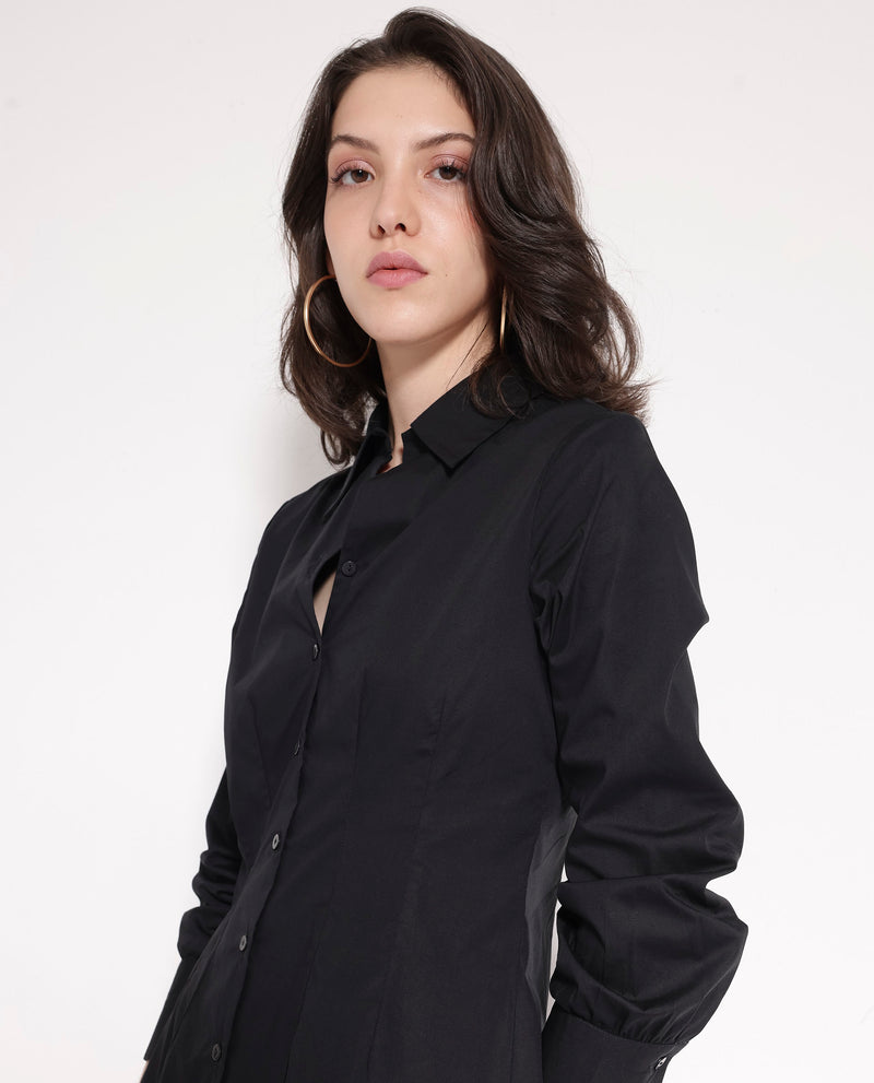 Rareism Women's Sakal Black Roll-Up Sleeve Collared Button A-Line Plain Mini Dress