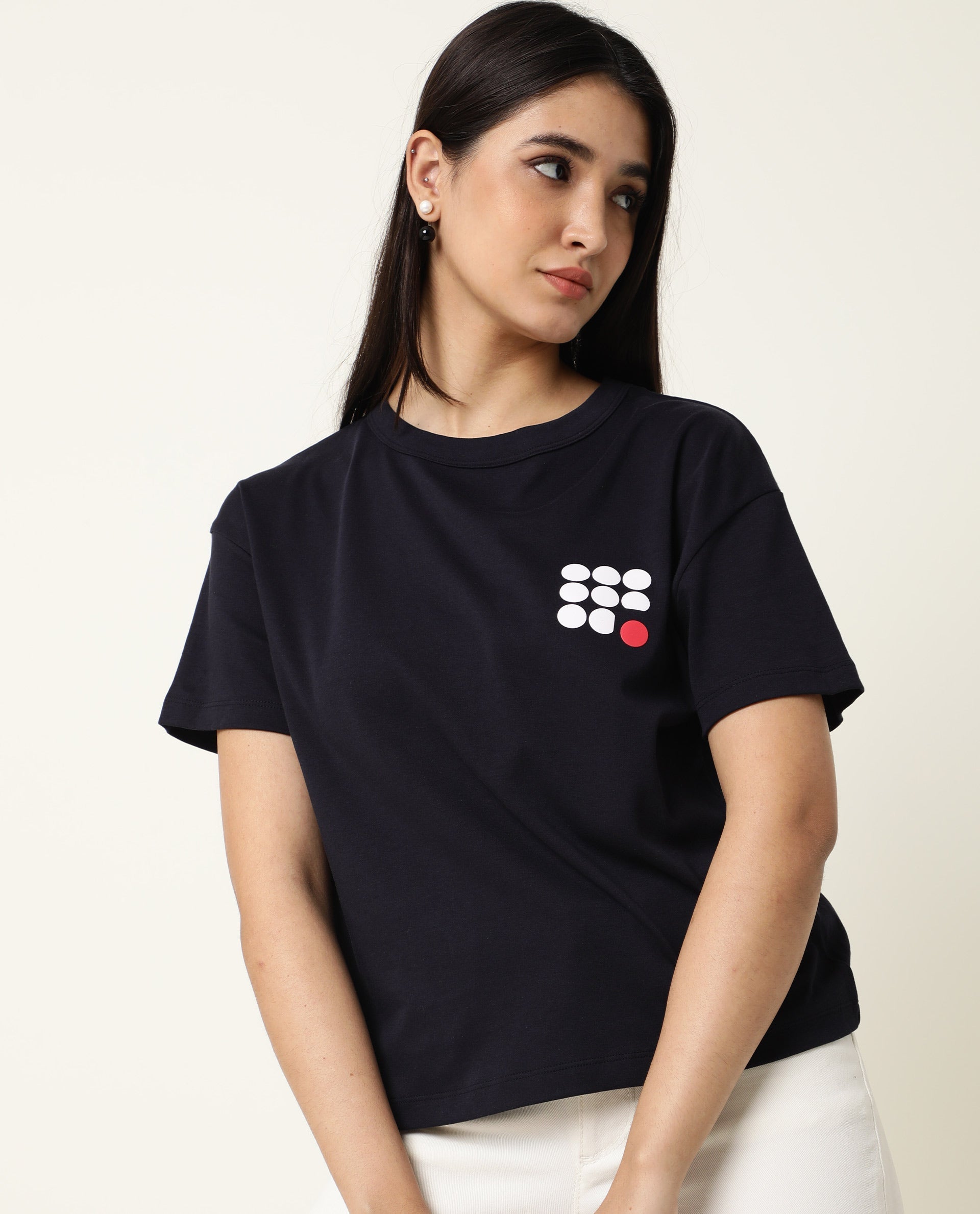 Rareism Women Sake Navy Cotton Fabric Regular Fit Half Sleeves Color Blocked Crew Neck T-Shirt