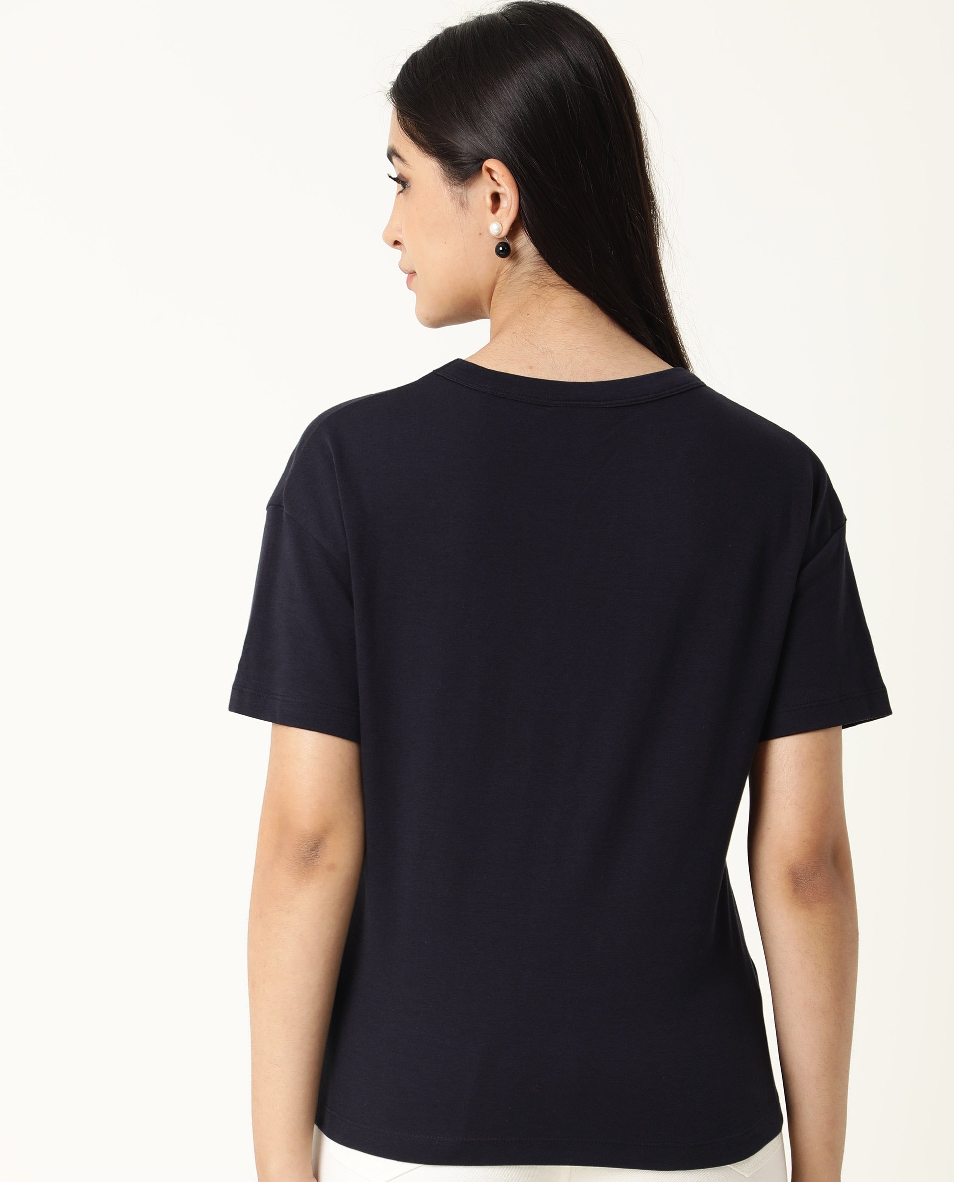 Rareism Women Sake Navy Cotton Fabric Regular Fit Half Sleeves Color Blocked Crew Neck T-Shirt