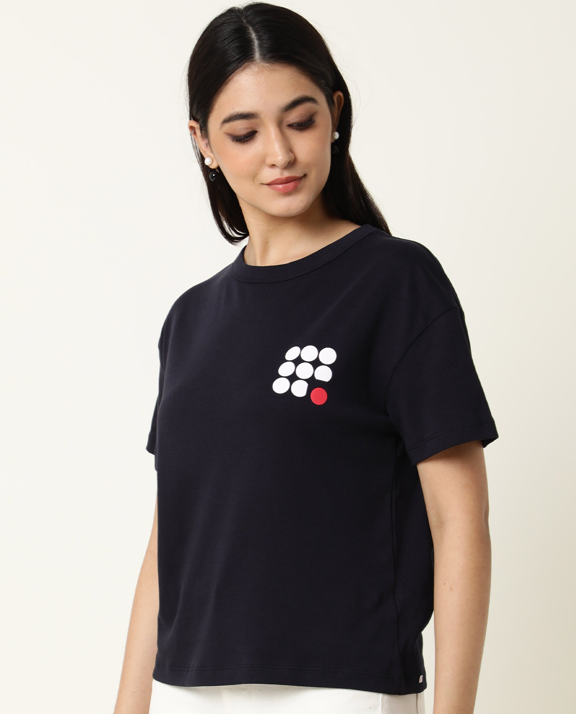 Rareism Women Sake Navy Cotton Fabric Regular Fit Half Sleeves Color Blocked Crew Neck T-Shirt