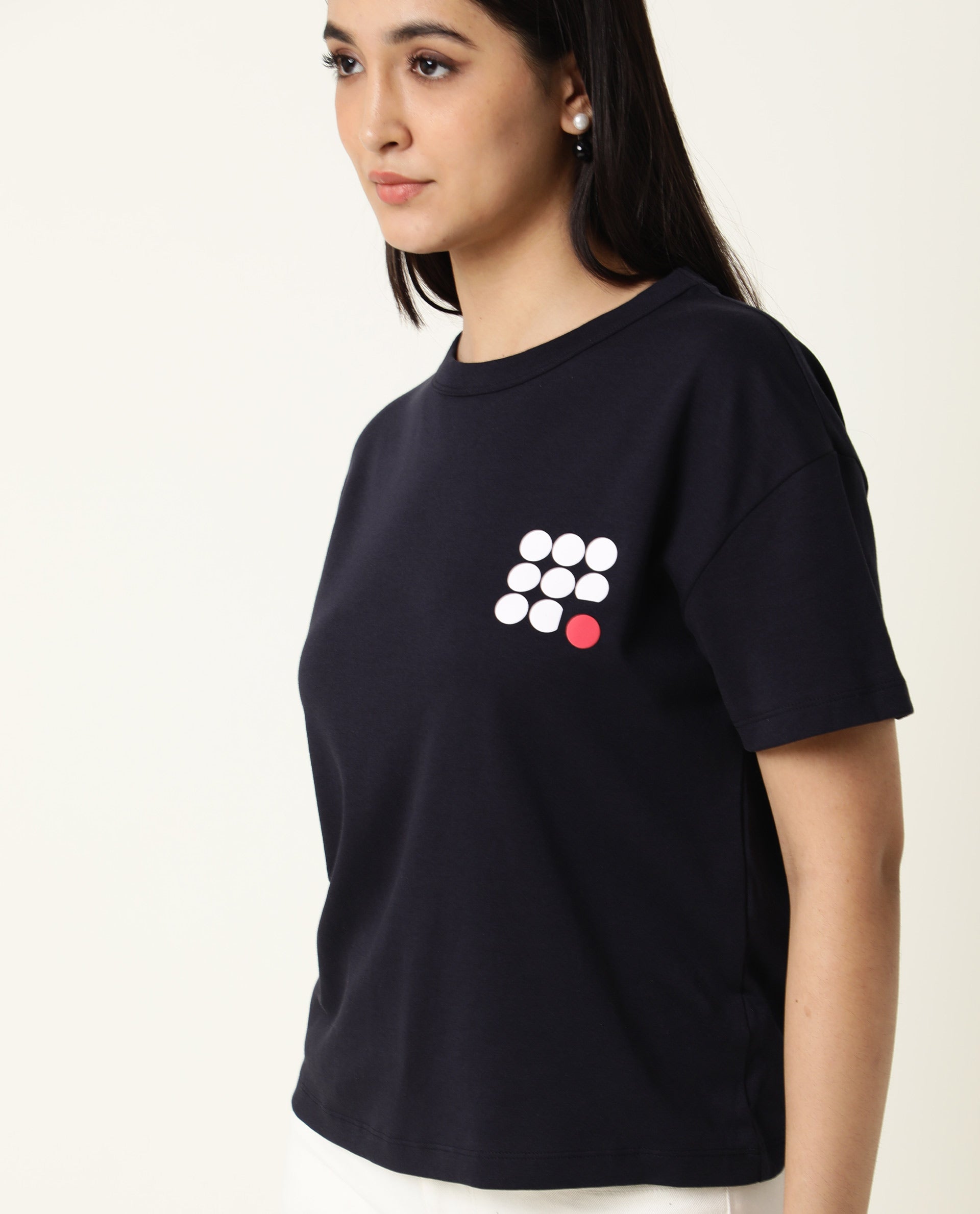 Rareism Women Sake Navy Cotton Fabric Regular Fit Half Sleeves Color Blocked Crew Neck T-Shirt