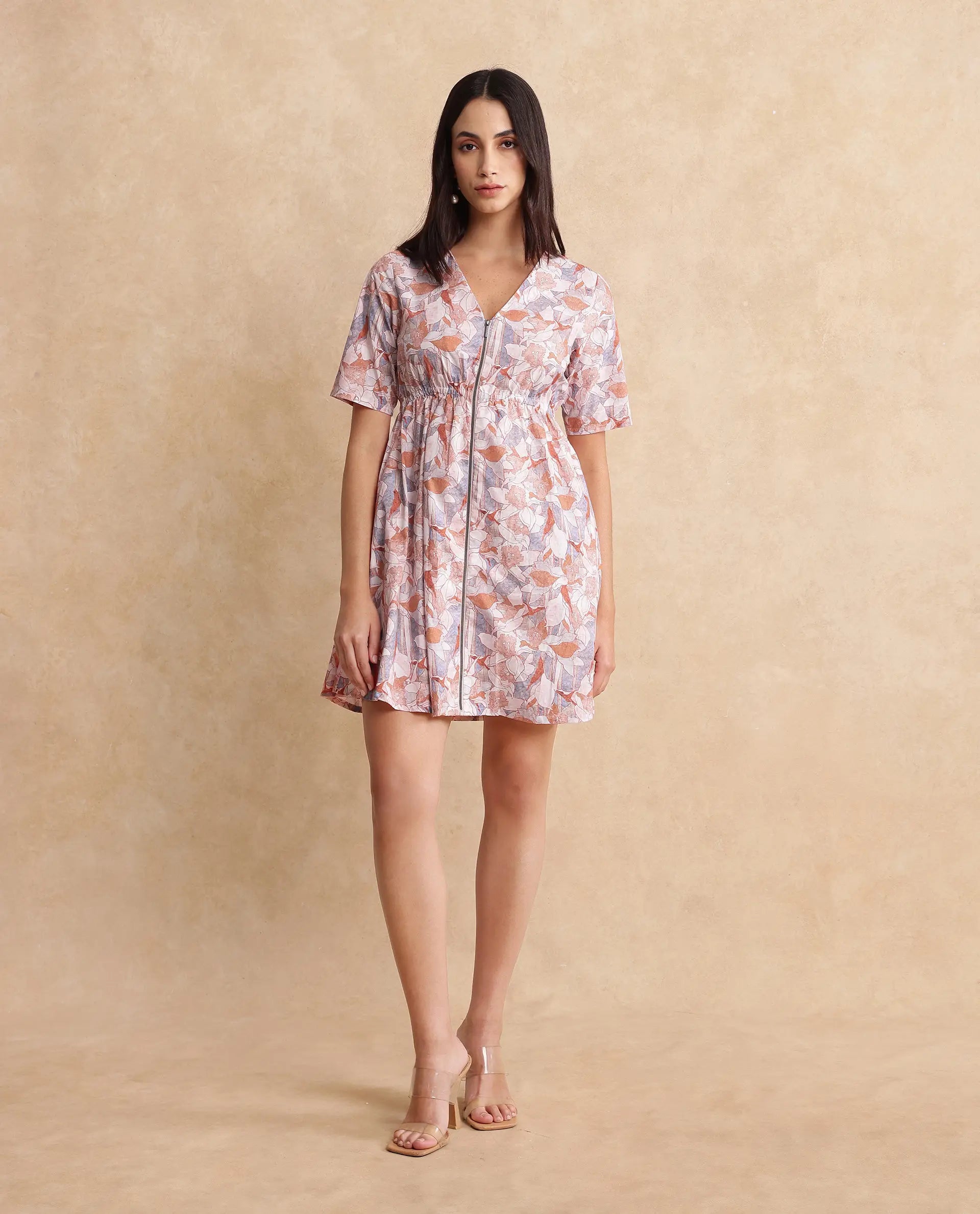 Rareism Women's Salao Multi Cotton V-Neck Abstract Print Knee Length Fit And Flare Dress