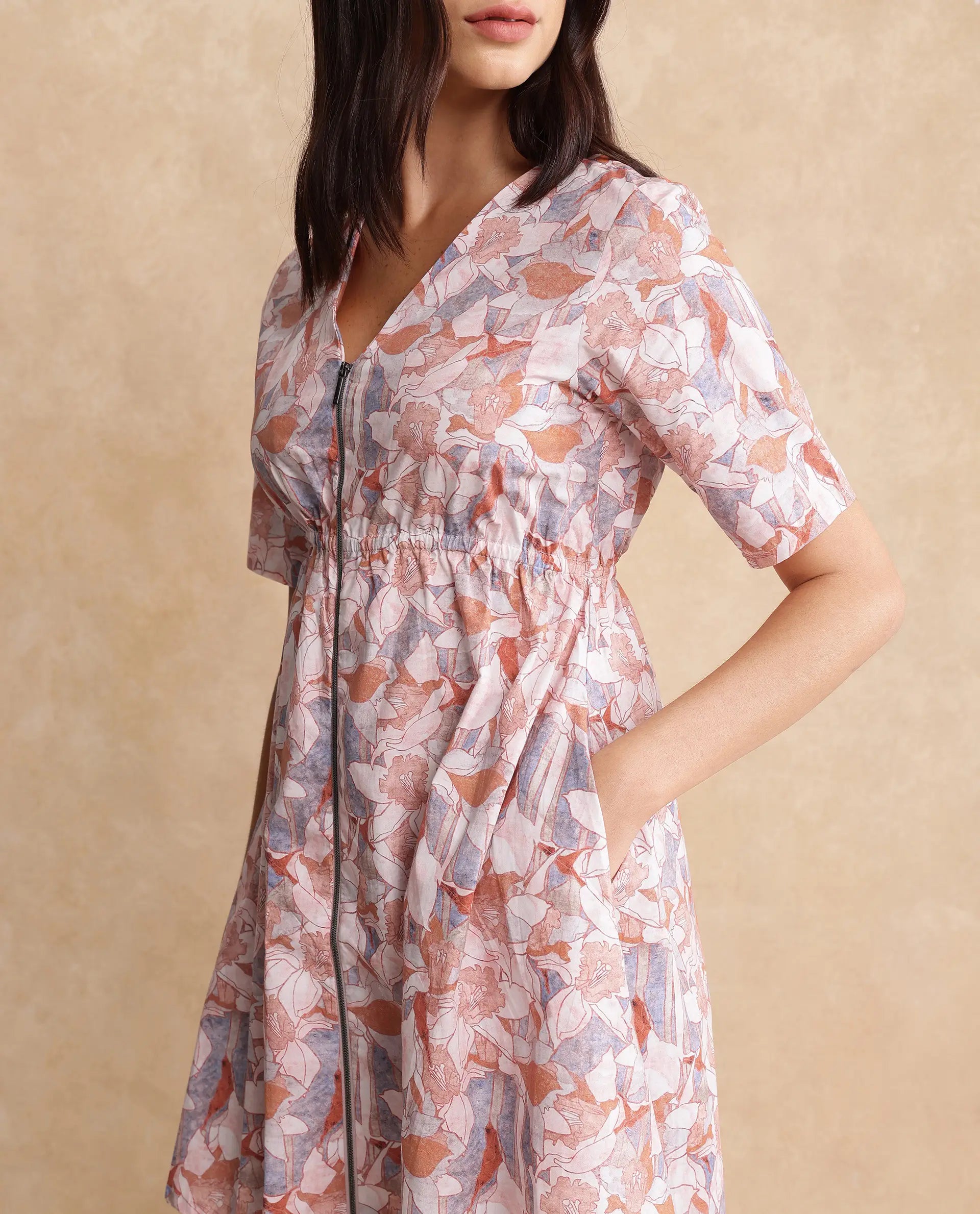 Rareism Women's Salao Multi Cotton V-Neck Abstract Print Knee Length Fit And Flare Dress