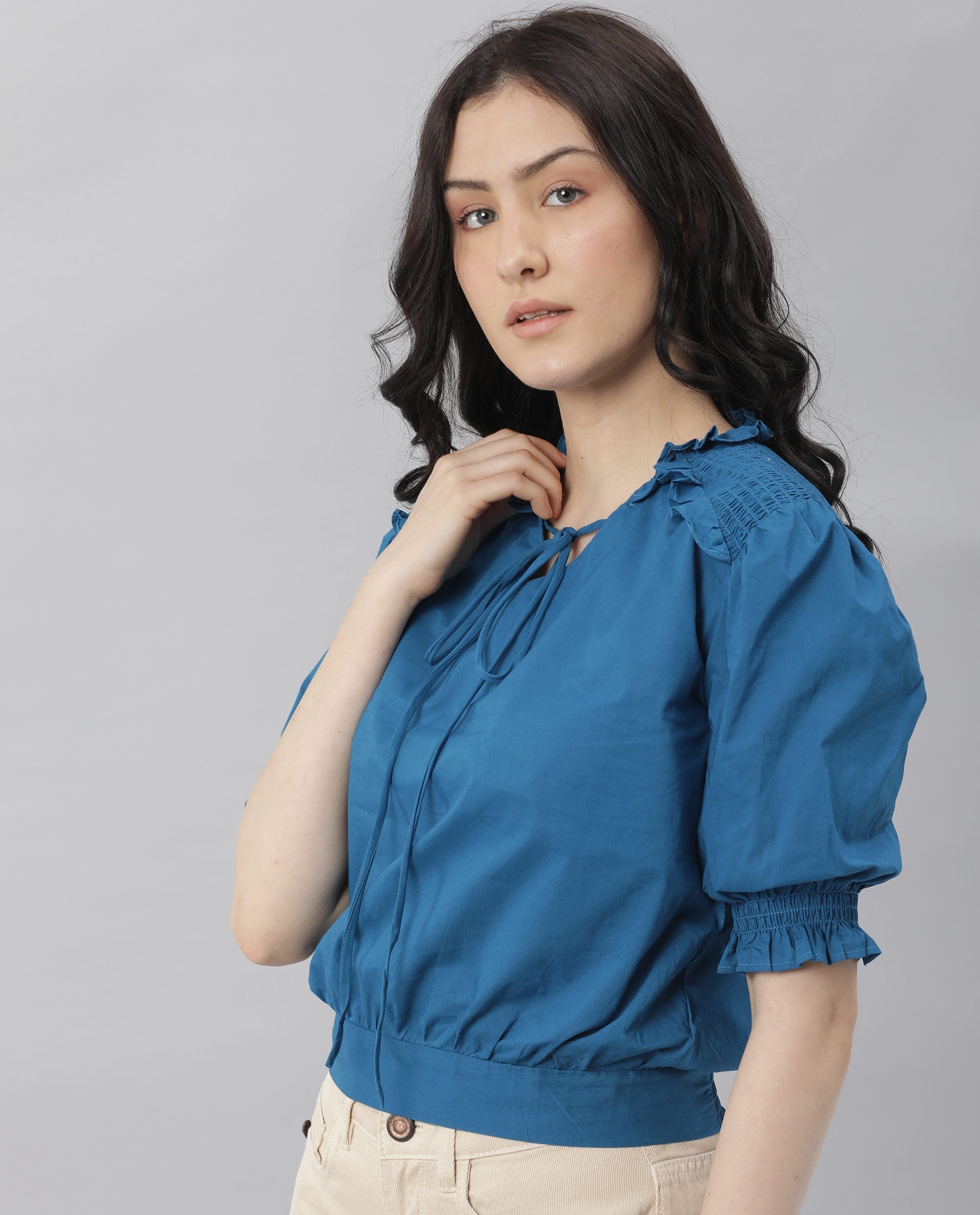 Rareism Women Salsa Blue Top Short Sleeves Solid