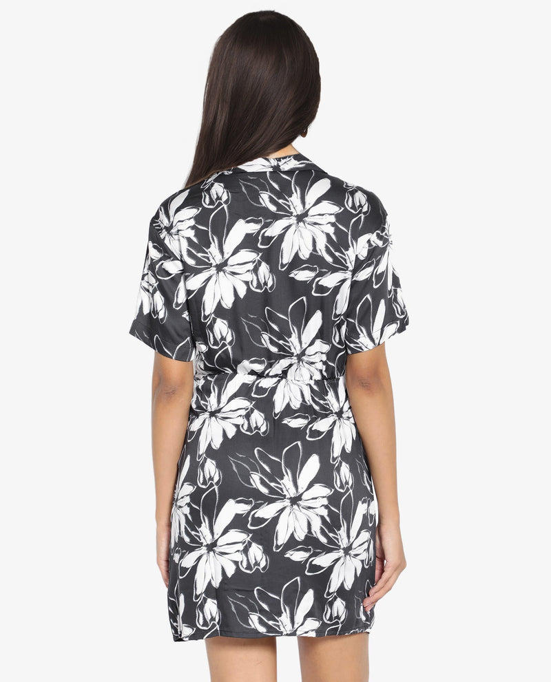 Rareism Women Saltillo Black Short Sleeve Collared Collar Button A-Line Floral Mini Dress