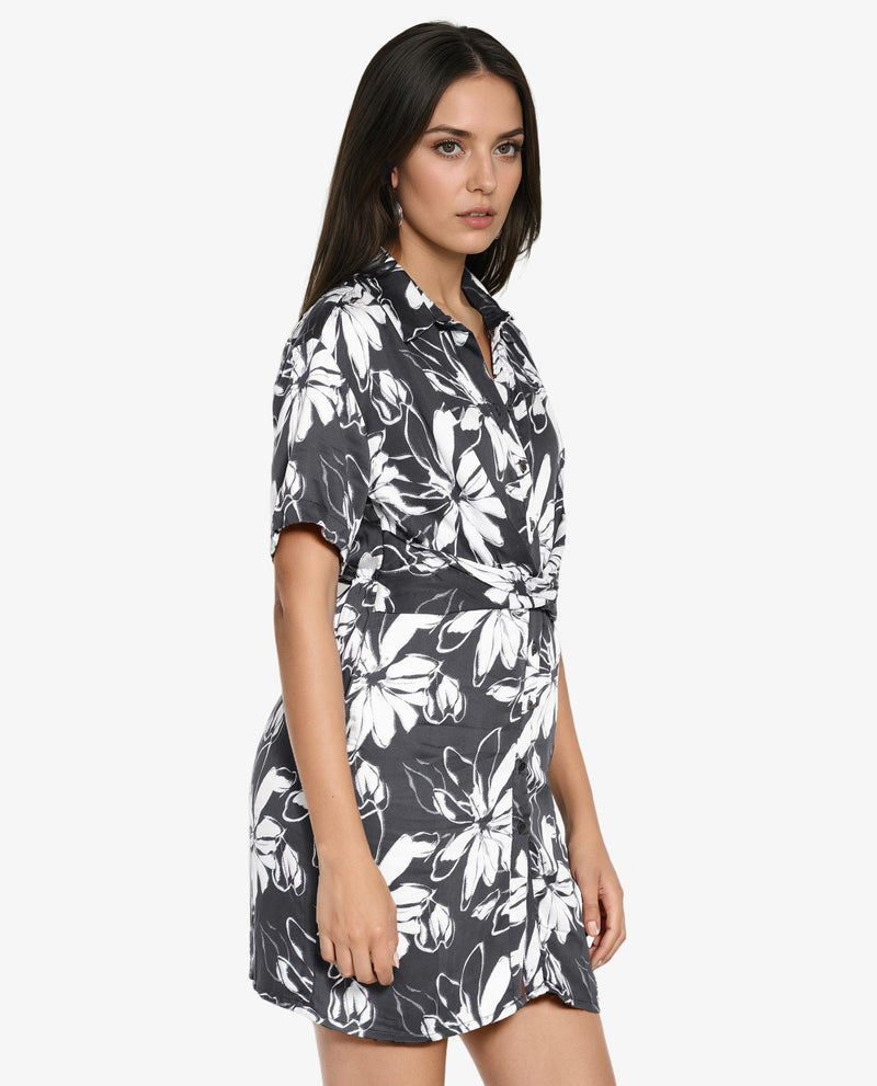 Rareism Women Saltillo Black Short Sleeve Collared Collar Button A-Line Floral Mini Dress