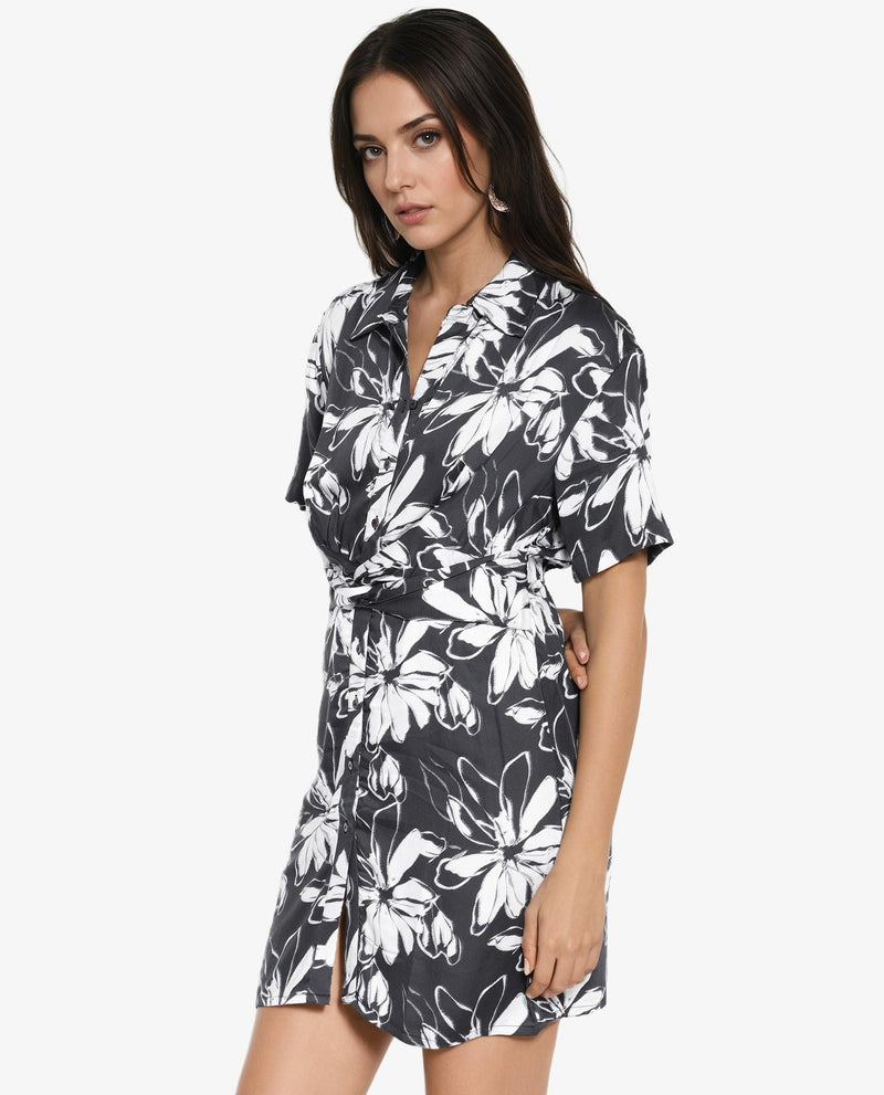 Rareism Women Saltillo Black Short Sleeve Collared Collar Button A-Line Floral Mini Dress