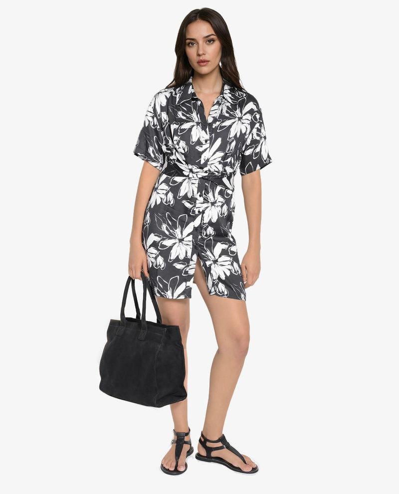 Rareism Women Saltillo Black Short Sleeve Collared Collar Button A-Line Floral Mini Dress