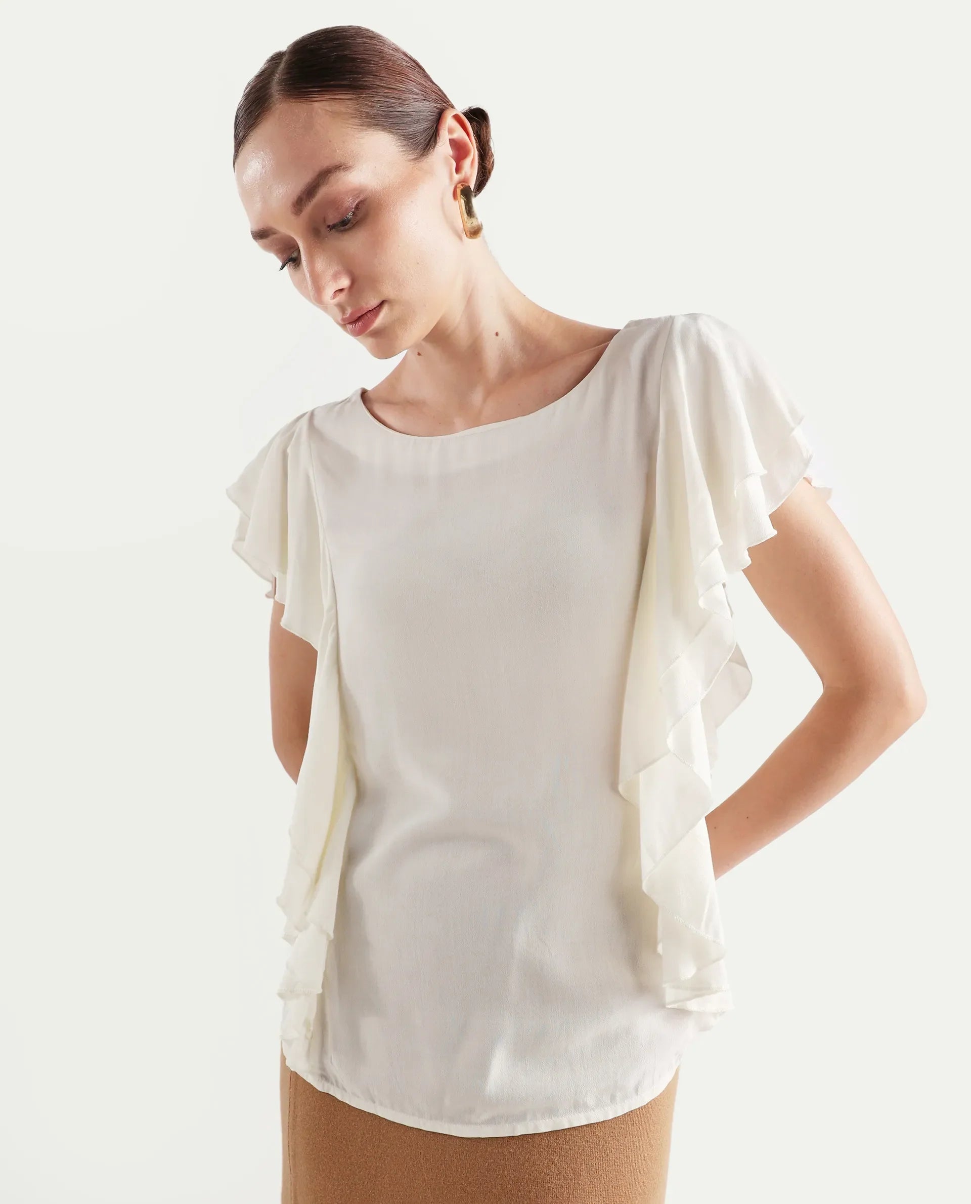 Rareism Women's Samal Off White Viscose Blend Boat Neck Plain Ruffled Sleeve Regular Fit Top