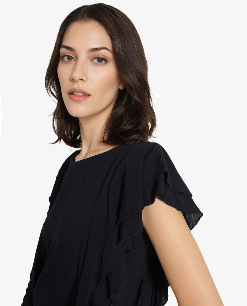 Rareism Women Samal Black Ruffled Sleeves Boat Neck Plain Top