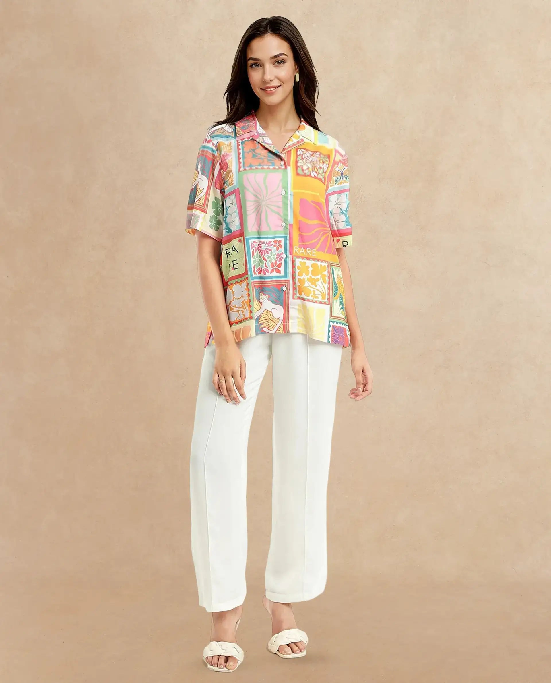 Rareism Women's Sampige Multi Viscose Spread Collar Abstract Print Relaxed Fit Top
