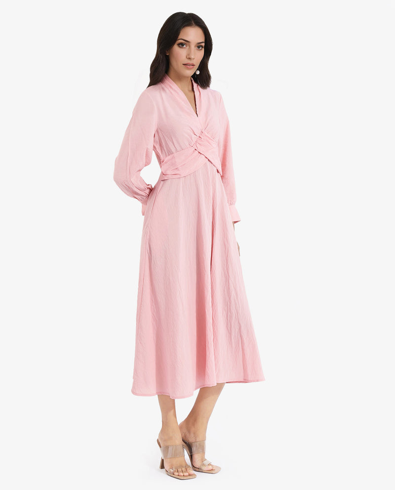 Rareism Women Samran Peach Bishop Sleeve V-Neck  Fit And Flare Maxi Plain Dress