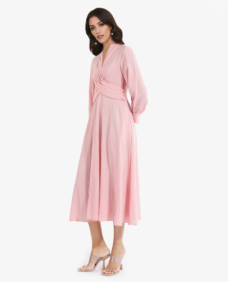 Rareism Women Samran Peach Bishop Sleeve V-Neck  Fit And Flare Maxi Plain Dress