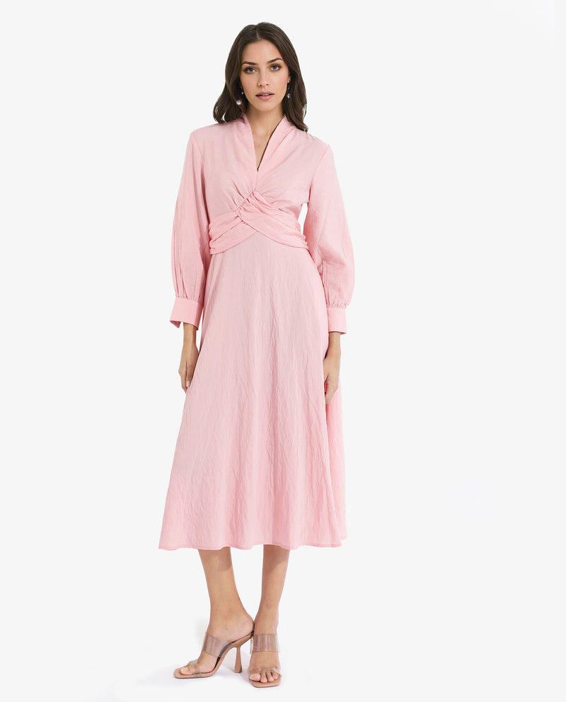 Rareism Women Samran Peach Bishop Sleeve V-Neck  Fit And Flare Maxi Plain Dress