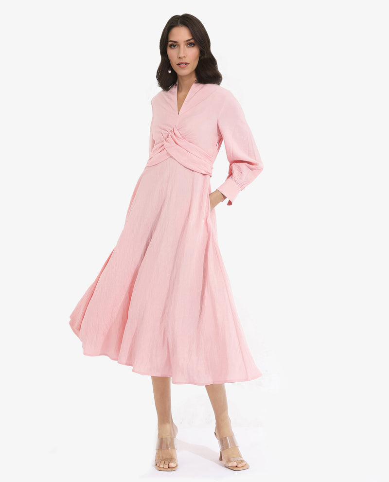 Rareism Women Samran Peach Bishop Sleeve V-Neck  Fit And Flare Maxi Plain Dress