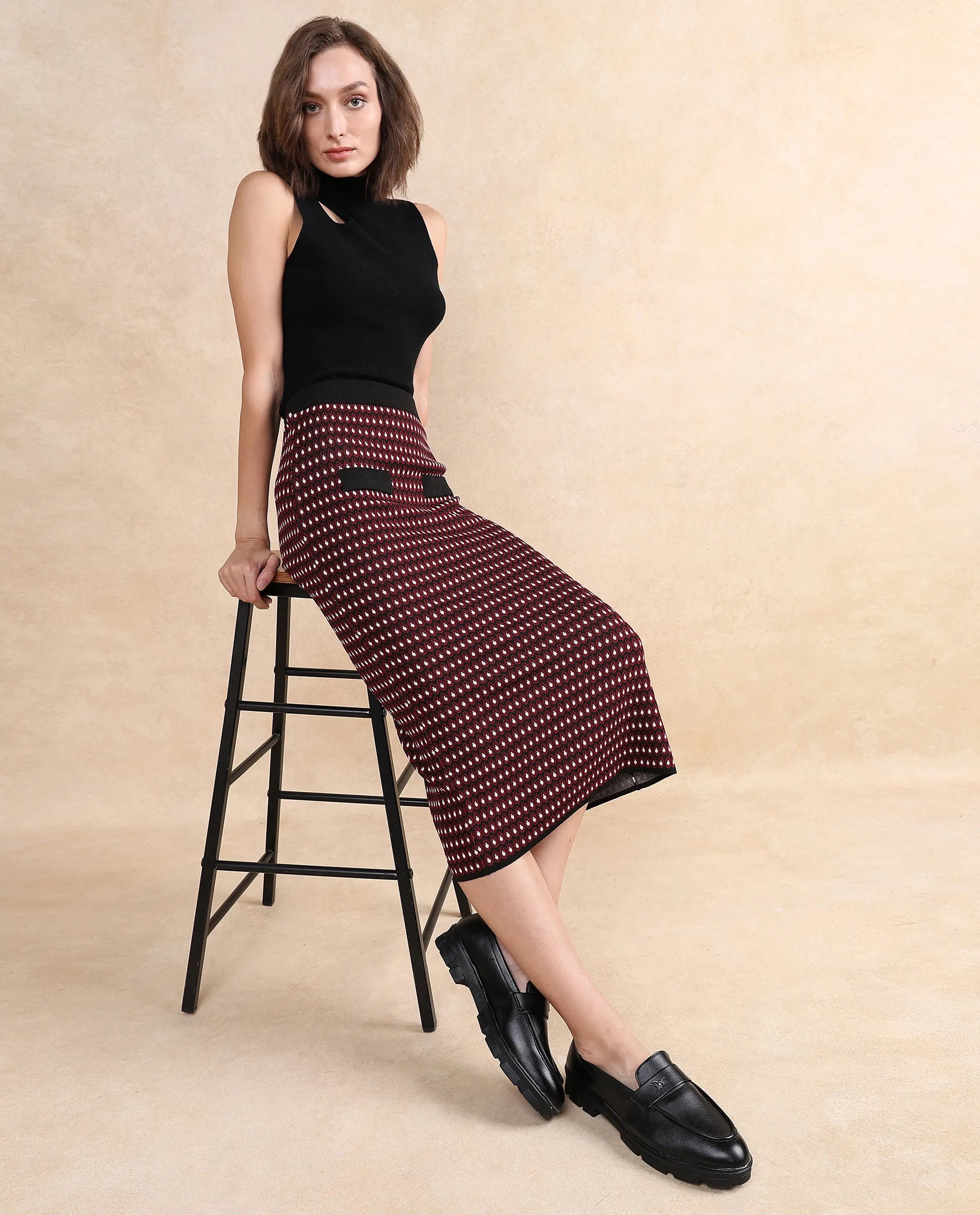 Rareism Women Sanayi B Maroon Relaxed Fit Printed Skirt