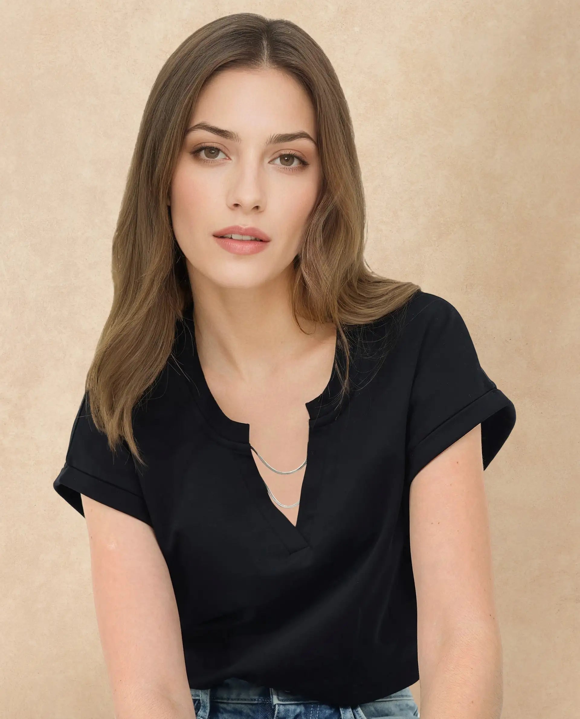 Rareism Women's Sanderson Black Cotton V-Neck Plain Extended Sleeves Regular Fit Top