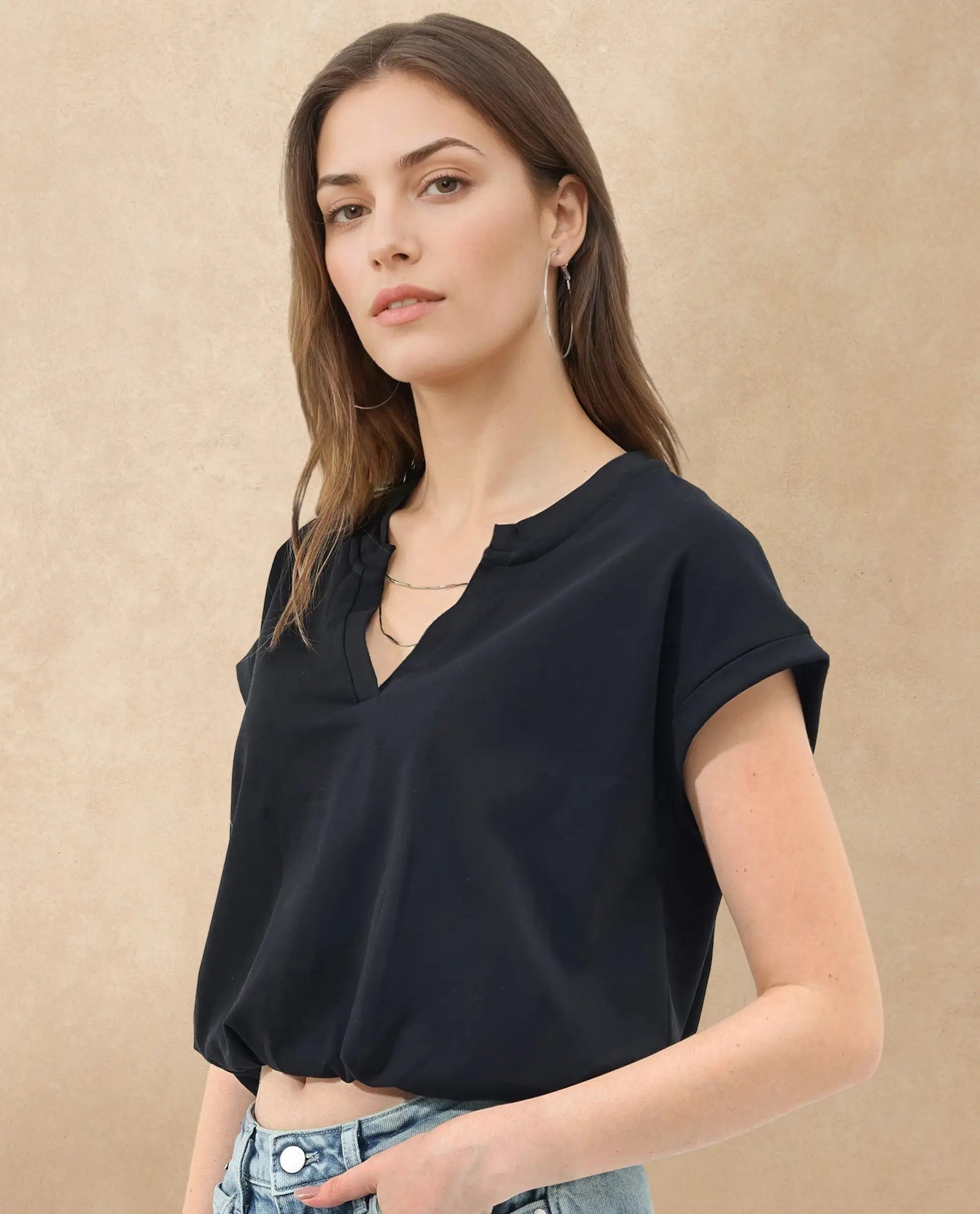 Rareism Women's Sanderson Black Cotton V-Neck Plain Extended Sleeves Regular Fit Top