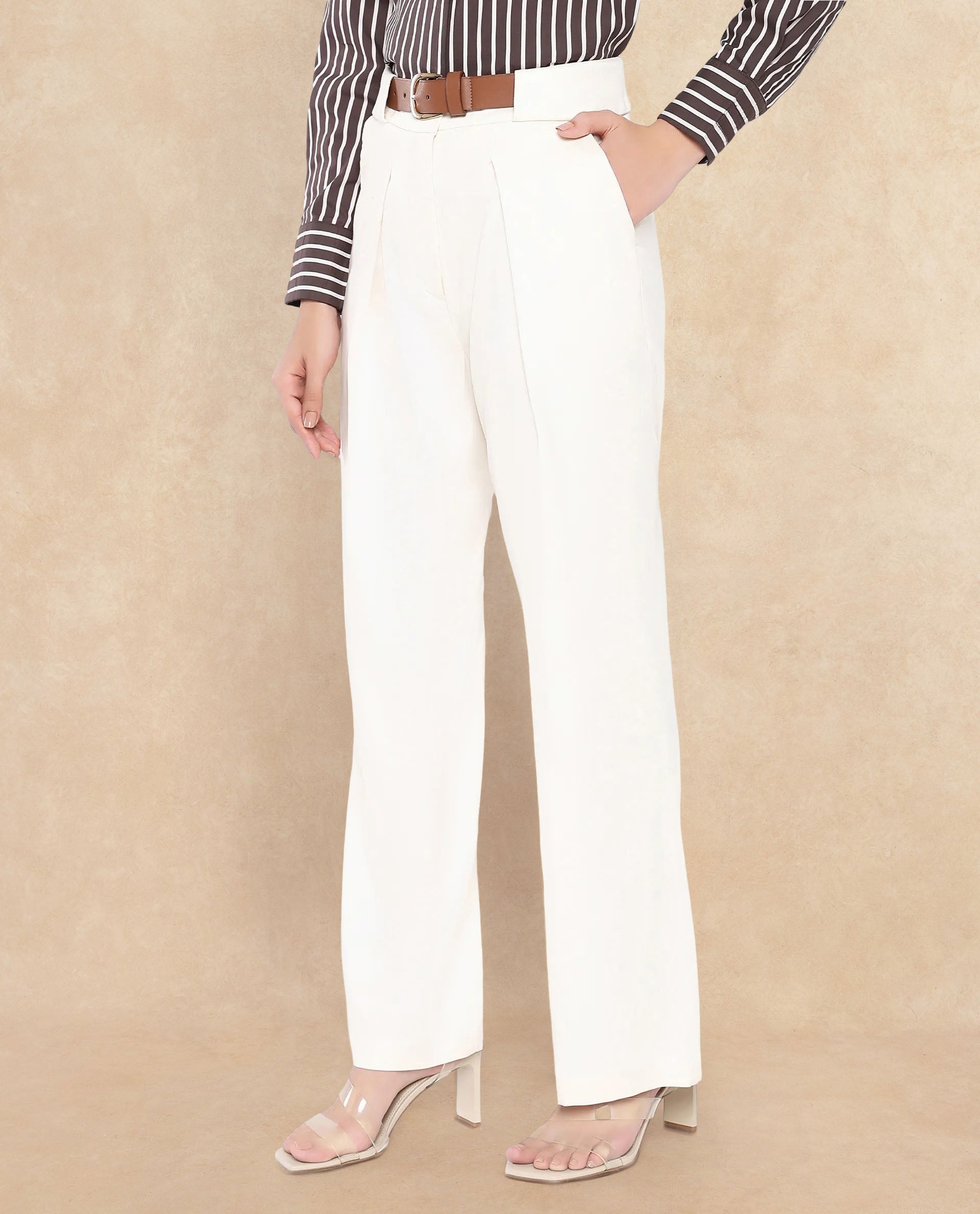 Rareism Women's Sandi Beige Polyester Plain Ankle Length Wide Trouser