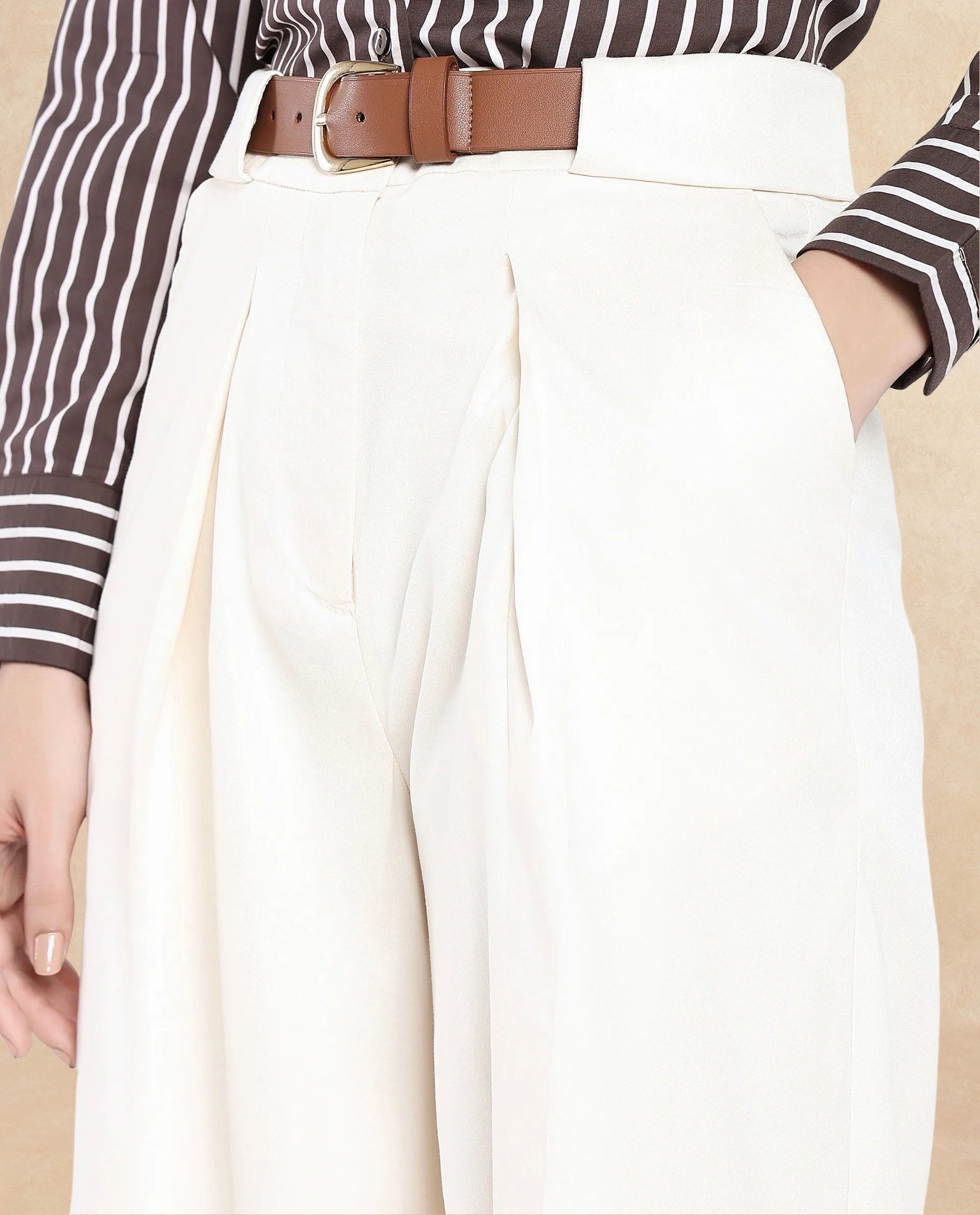Rareism Women's Sandi Beige Polyester Plain Ankle Length Wide Trouser