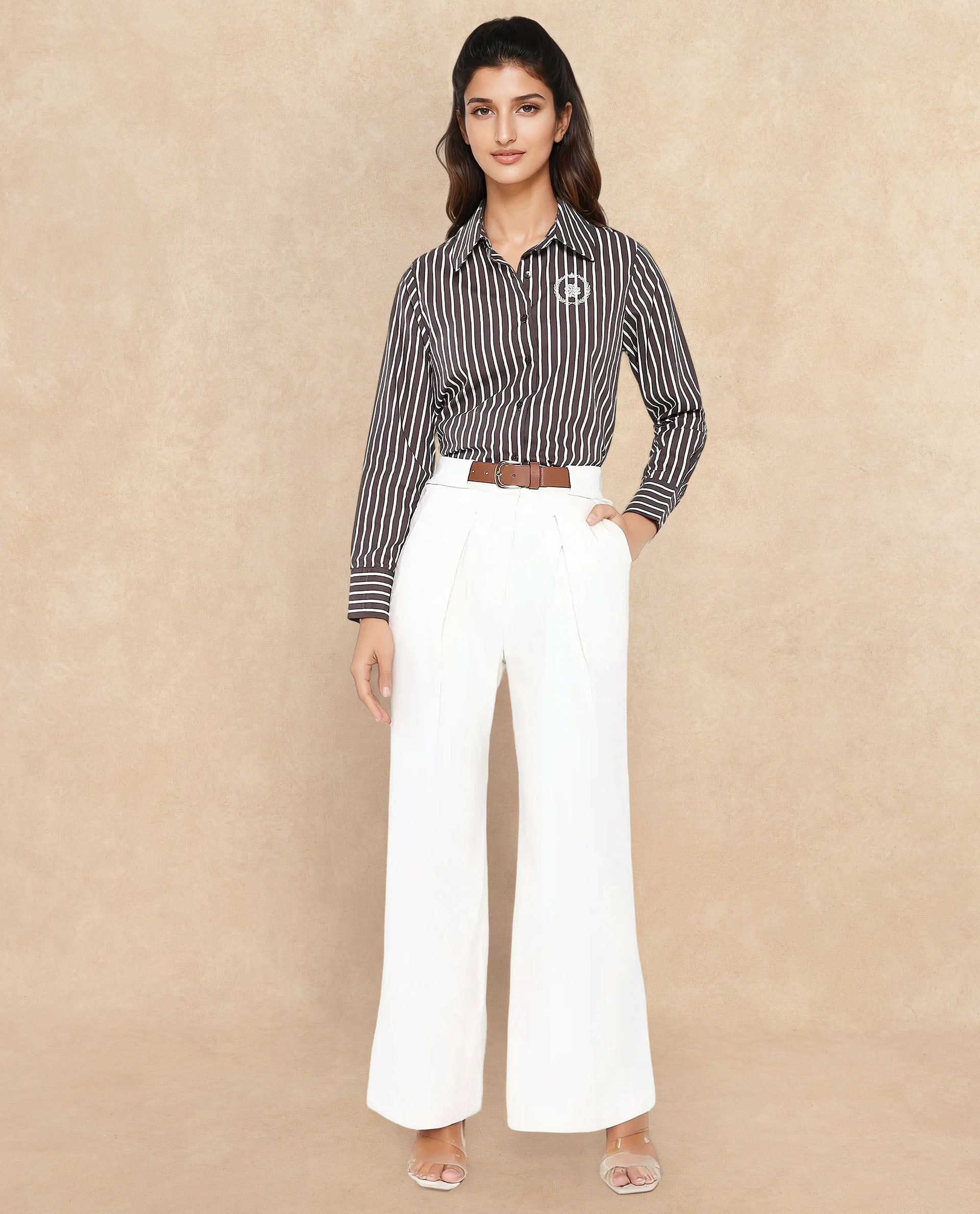 Rareism Women's Sandi Beige Polyester Plain Ankle Length Wide Trouser