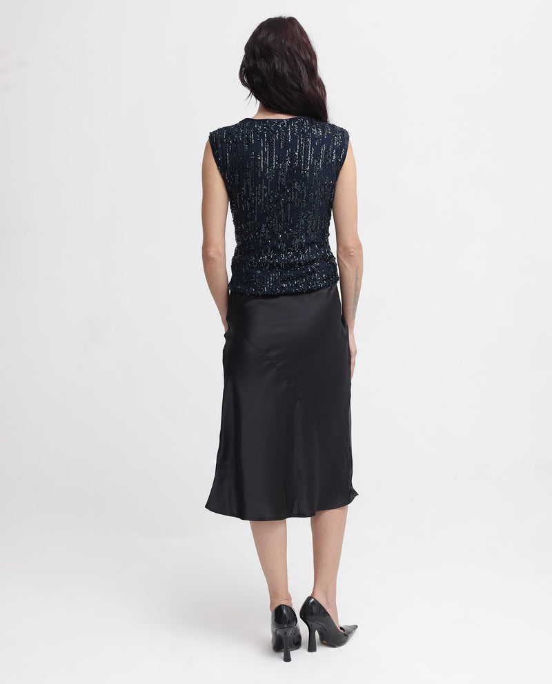Rareism Women'S Saot Metallic Navy Cotton Fabric Sleeveless Embellished Top