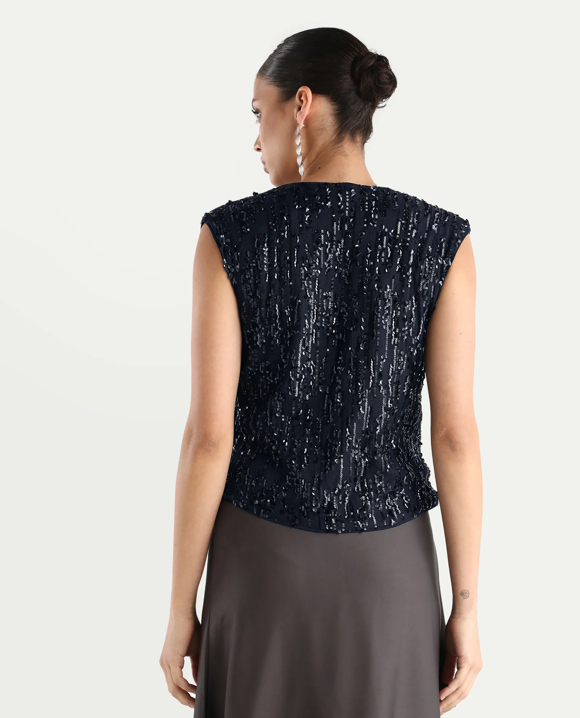 Rareism Women's Saot Metallic Navy Cotton Blend V-Neck Plain Sleeveless Regular Fitted Top