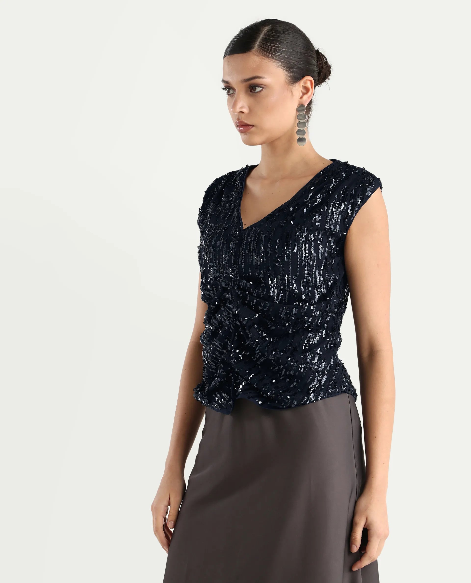 Rareism Women's Saot Metallic Navy Cotton Blend V-Neck Plain Sleeveless Regular Fitted Top