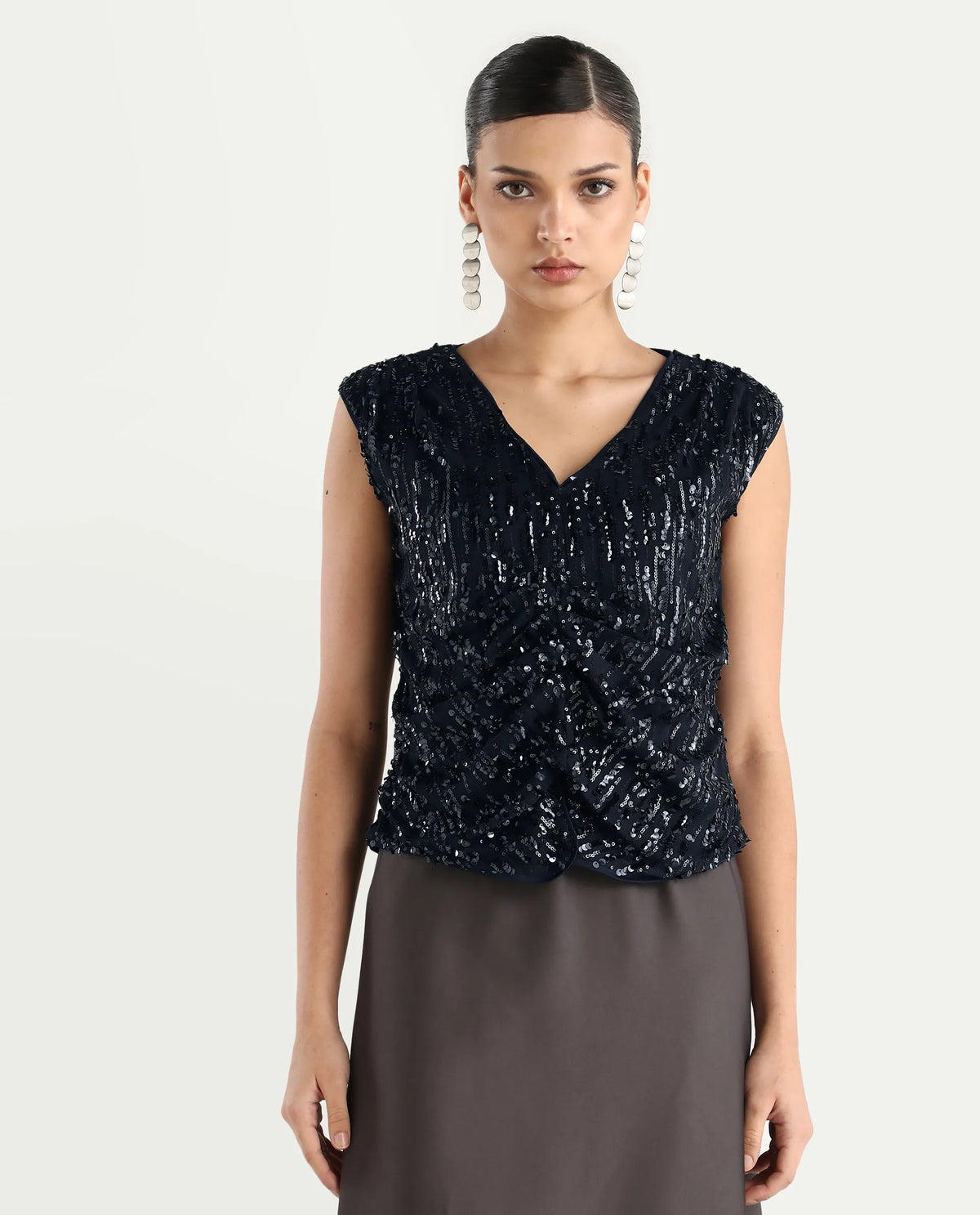 Rareism Women's Saot Metallic Navy Cotton Blend V-Neck Plain Sleeveless Regular Fitted Top