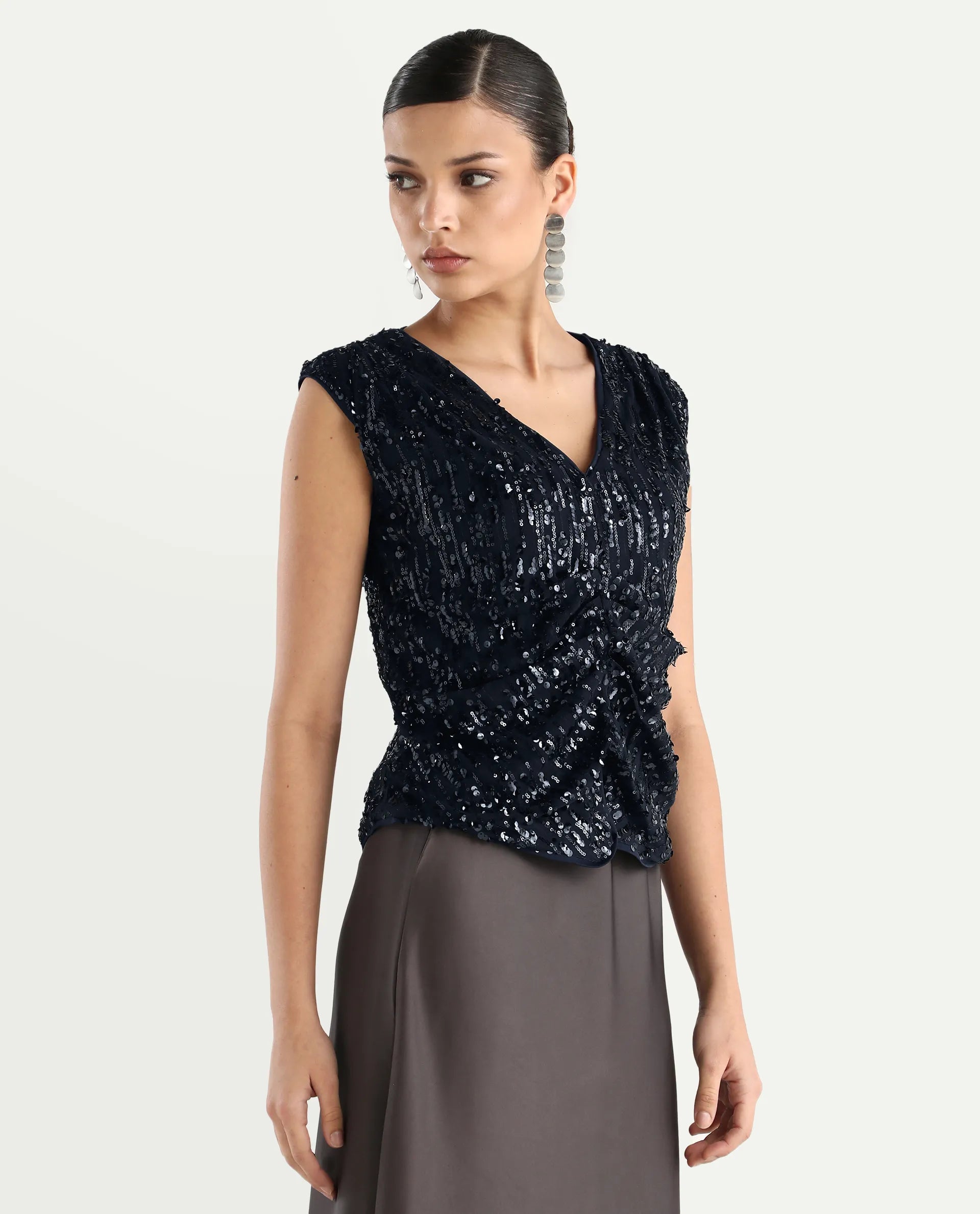 Rareism Women's Saot Metallic Navy Cotton Blend V-Neck Plain Sleeveless Regular Fitted Top