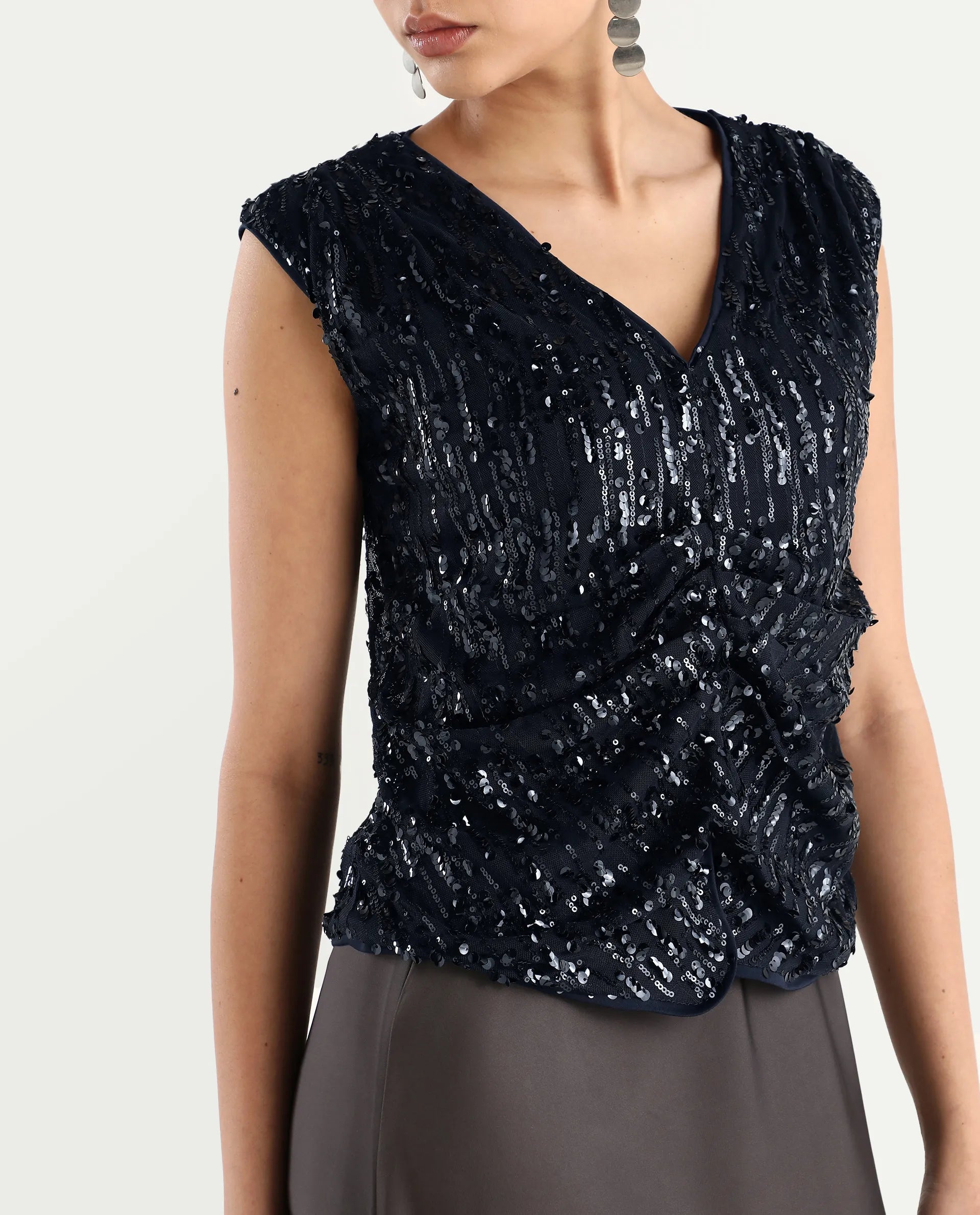 Rareism Women's Saot Metallic Navy Cotton Blend V-Neck Plain Sleeveless Regular Fitted Top
